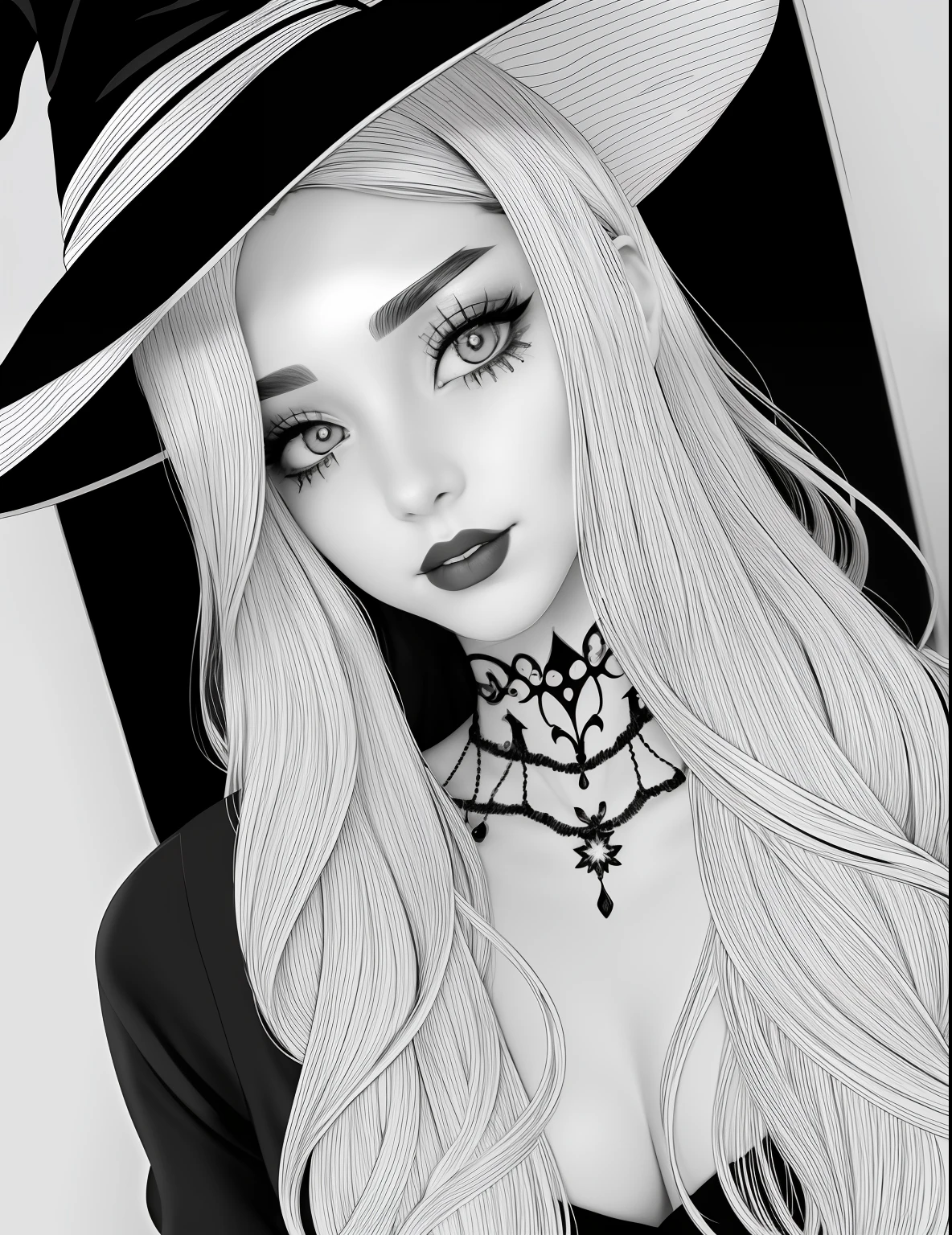 A coloring page with a girl and a cat in a Halloween scene, beautiful witch spooky female, line art colouring page, Retrato de uma jovem bruxa, Bruxa bonita com cabelo longo, black and white coloring, beautiful witch female, coloring book outline, Retrato de uma jovem bruxa, bruxa feminina bonita, clean coloring book page, bela arte de linha, arte vetorial em preto e branco