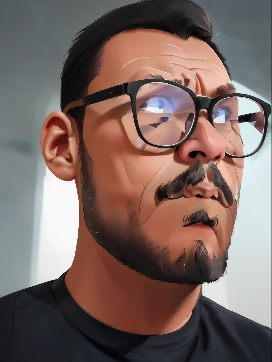 guttonervision8, ((best quality)), ((masterpiece)), ((realistic cartoon)), ((perfect character)) - A frontal portrait, meticulously detailed and realistic, of a bearded man wearing glasses and a black shirt. The man looks directly at the viewer, establishing a strong and confident presence. The image captures his distinct facial features, showcasing the texture of his beard and the design of his glasses with precision. The black shirt is rendered with fine details, adding to the professionalism of the portrait. Designed for official documents, this portrait is presented in stunning 8K UHD resolution, ensuring exceptional clarity and authenticity.