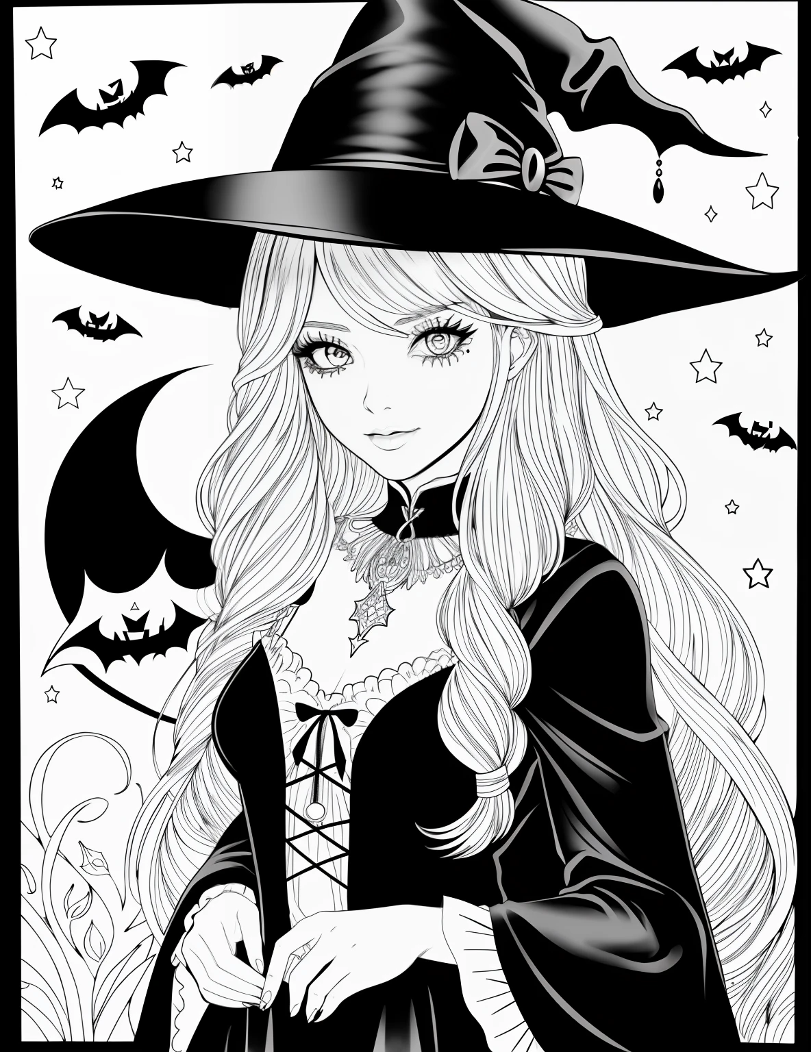 A coloring page with a girl and a cat in a Halloween scene, beautiful witch spooky female, line art colouring page, Retrato de uma jovem bruxa, Bruxa bonita com cabelo longo, black and white coloring, beautiful witch female, coloring book outline, Retrato de uma jovem bruxa, bruxa feminina bonita, clean coloring book page, bela arte de linha, arte vetorial em preto e branco