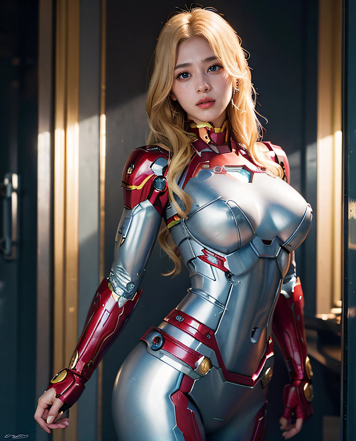 1girl, (Blue Eyes), cute face, (Long Shot LS), ((Sana Minatozaki)), wide hips, Big Boobs, big ass, (Best Quality, 8k, Masterpiece: 1.3)) ), Clear Focus: 1.2 , Perfect Body Beauty: 1.4 , Slender Abs: 1.2, Wet Body: 1.5 , Highly detailed face and skin texture, detailed eyes, double eyelids, (long blonde hair), (Iron man costume), background explosions