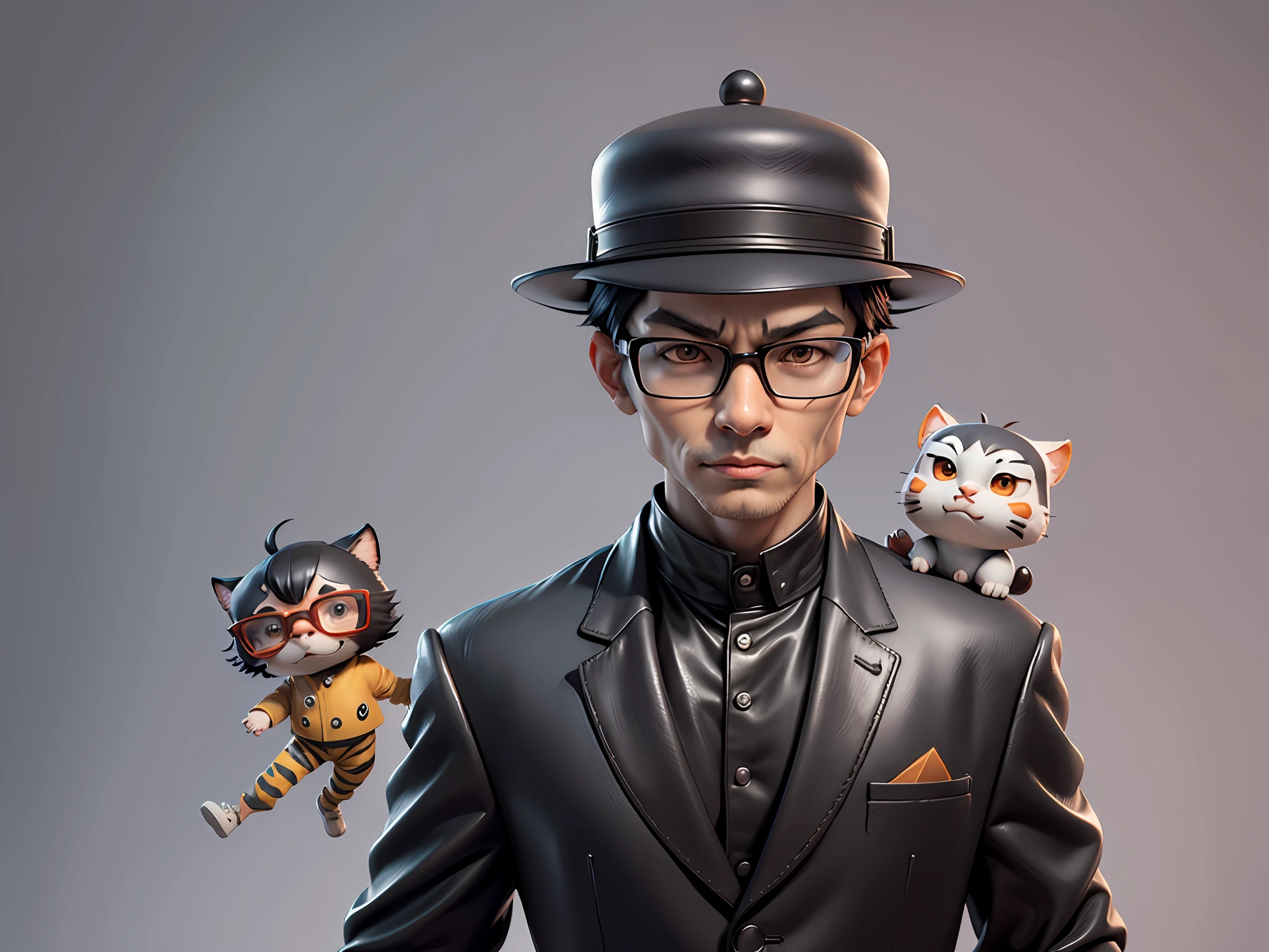 Young man with oriental face in leather hat, tiger, oriental face in formal suit, short black hair, silver glasses, digital painting, 3D character design by Mark Clairedon and Pixar and Hayao Miyazaki and Akira Toriyama, the illustration is a high-definition illustration in 4K resolution with very detailed facial features and cartoon-style visuals.