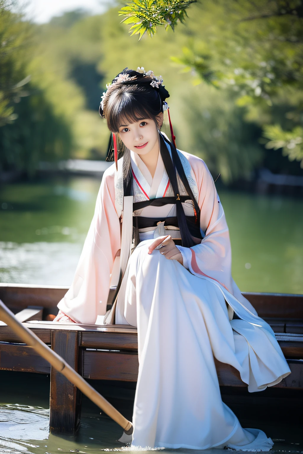 On the river, The bamboo raft wearing Hanfu is a woman rowing
