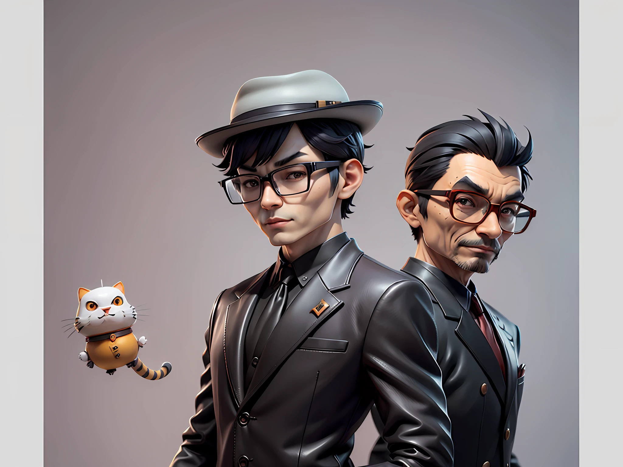 Young man with oriental face in leather hat, tiger, oriental face in formal suit, short black hair, silver glasses, digital painting, 3D character design by Mark Clairedon and Pixar and Hayao Miyazaki and Akira Toriyama, the illustration is a high-definition illustration in 4K resolution with very detailed facial features and cartoon-style visuals.