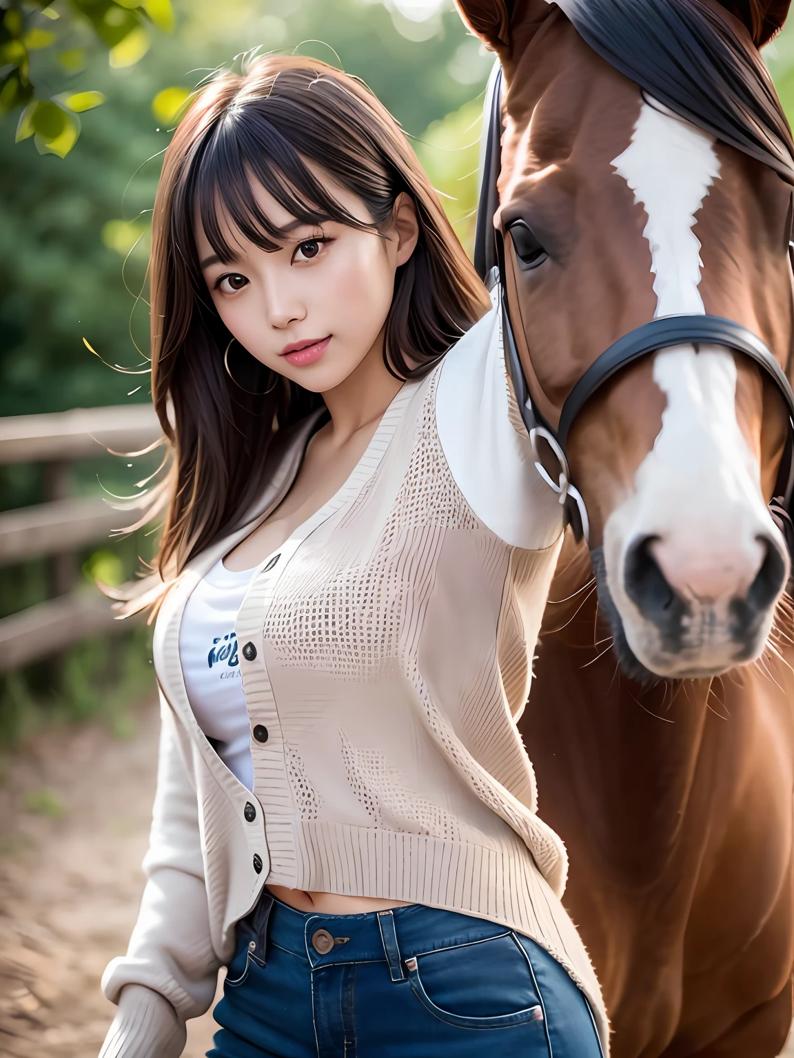 product quality, 1 girl per 1 photo, cowboy shot, front view, a Japanese young pretty girl, long bob hair, wearing a marriage ring, riding a horse with a big smile in a horse ranch in London, wearing a long sleeves pink cardigan around her waist, wearing a T-shirt with a graphic printed, wearing light brown pants, hyper cute face, glossy lips, double eyelids for both eyes, natural makeup, shiny smooth light brown hair of long bob hair, asymmetrical bangs, tanned skin, central image, 8K resolution, high detail, detailed hairstyle, detailed face, cinematic lighting, octane rendering, hyper realistic, perfect limbs, perfect anatomy