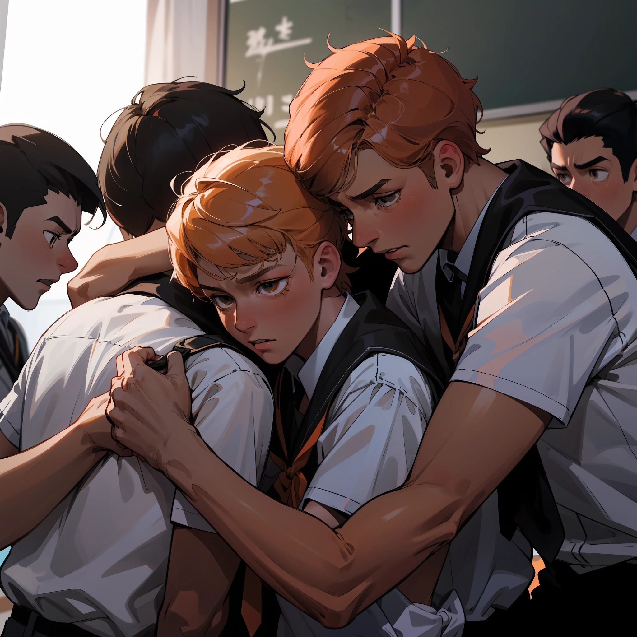 Mourning 15-year-olds dressed in black mourn the death of their brown-skinned children, hermano latino de pelo naranja, estan en la escuela hablan preocupados sobre algo importante