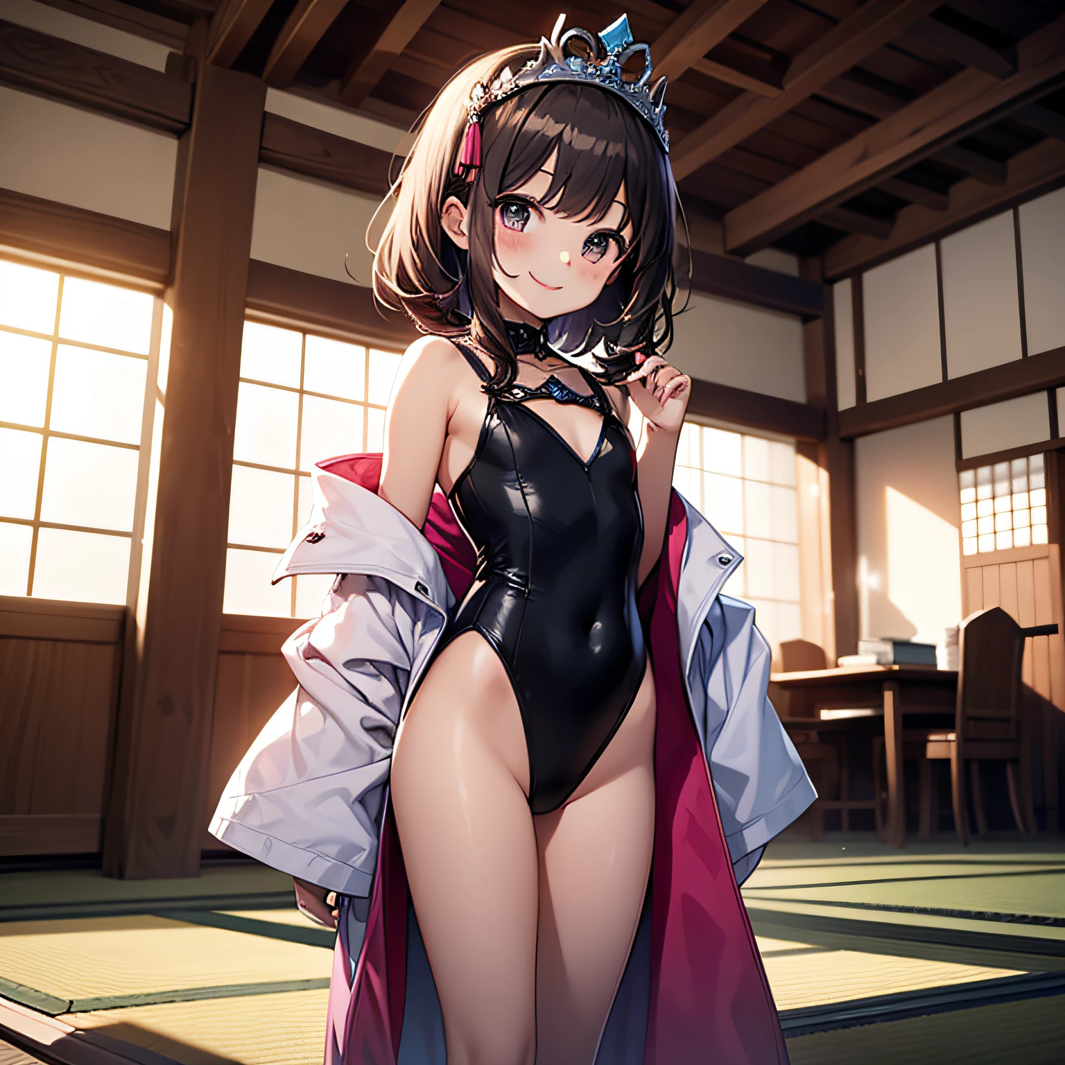 top-quality、extremely delicate and beautiful、Soio、8-year-old 、Chiquita、japanes、elementary student、A dark-haired、(Pink leotard)、dress room、Tiara on the head、A smile、is standing