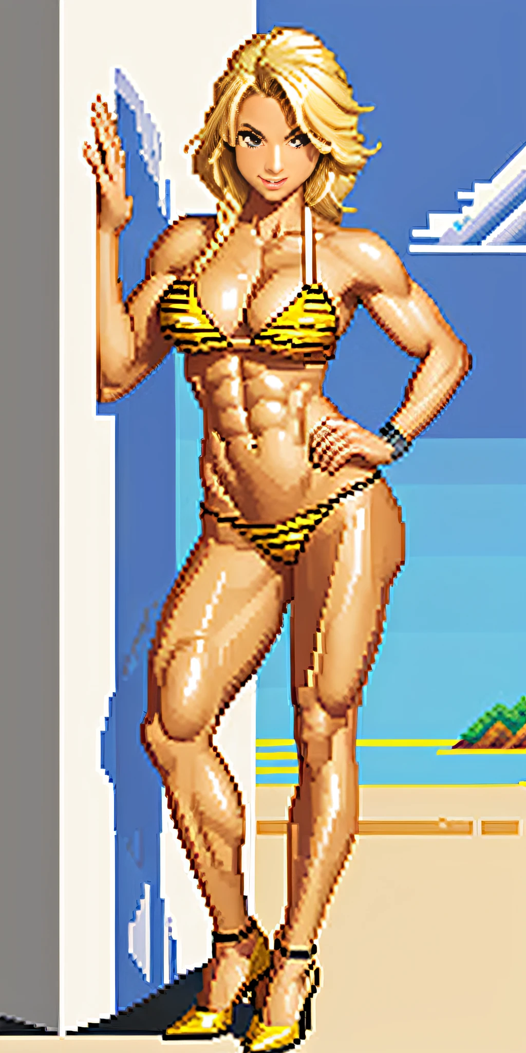 ((pixel art))((1girl)) female blonde in yellow bikini with tiger stripes on it, abs, full body, tanned skin, high heels, tiger tail