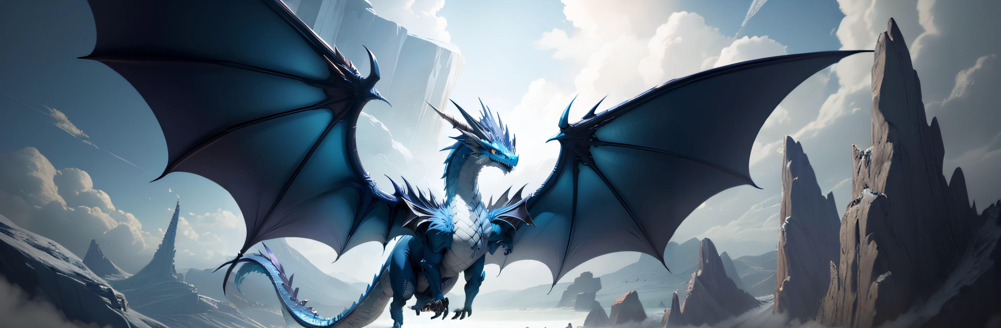 There is a winged blue dragon flying in the sky, Frost Dragon, blue scaly dragon, Blue dragon, colossal dragon as background, epic dragon, Dragon in the background, Crystal Dragon, dragon in dragon lair, wyvern, Dragon Art, Dragons