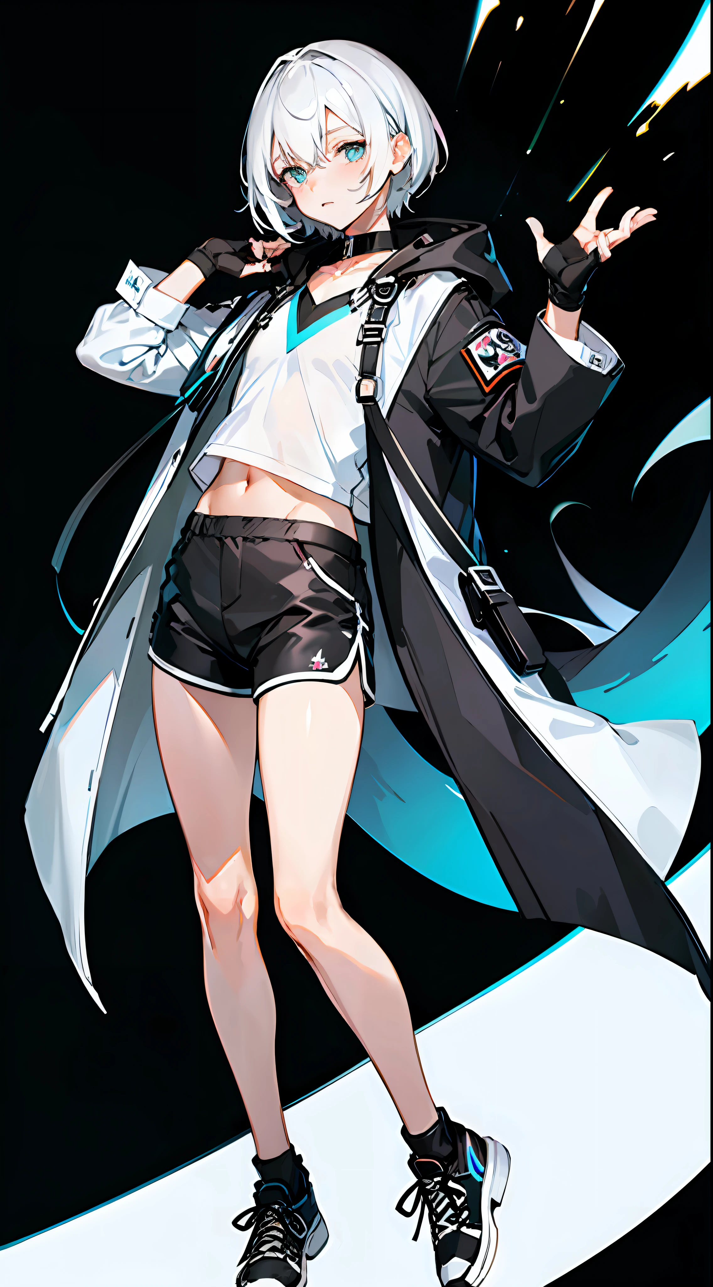 Masterpiece, Best quality, Solo,Boy, White hair,Short hair, (White shirt:1.4),(Black shorts:1.5), blackfootwear, full bodyesbian, shirt, Shorts, Coat, Open coat, view the viewer, Hood, Sneakers, Open clothes, Black coat, (Flat chest:1.7), No breasts,Long sleeves, bangs, Fingerless gloves, Short hair, hair between eye,Black background