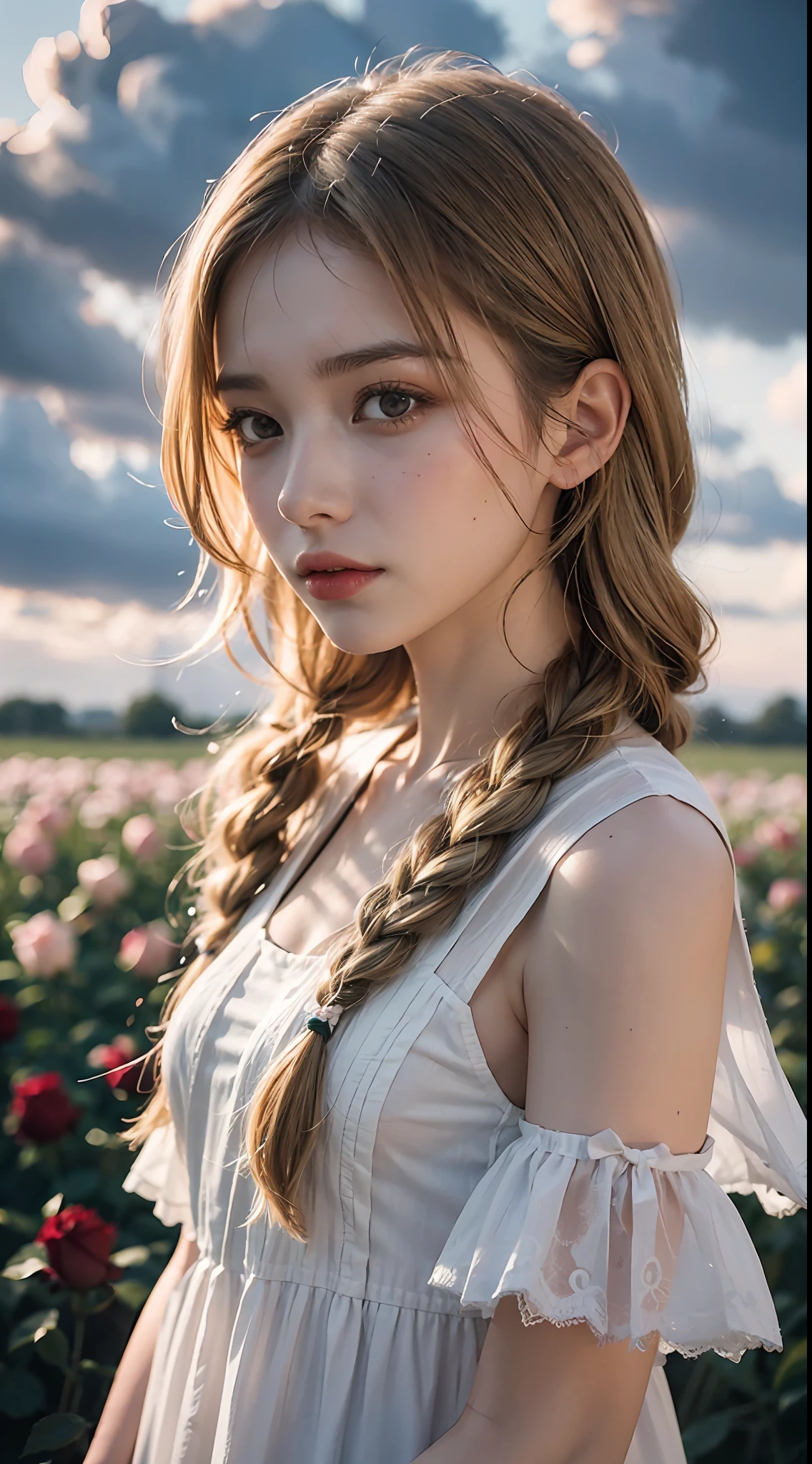 Poetic shots, hazy light and shadow, aestheticism, melancholic film, (cloudy), 1 girl, blonde hair, braids, emotional depth, white dress, flowers, flower fields, roses, bloom,