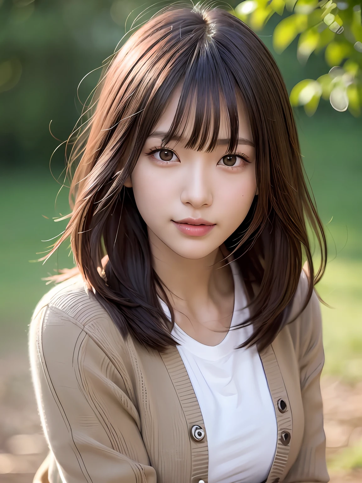 product quality, 1 girl per 1 photo, cowboy shot, front view, a Japanese young pretty girl, long bob hair, wearing a marriage ring, riding a horse with a big smile in a horse ranch in London, wearing a long sleeves pink cardigan around her waist, wearing a T-shirt with a graphic printed, wearing light brown pants, hyper cute face, glossy lips, double eyelids for both eyes, natural makeup, shiny smooth light brown hair of long bob hair, asymmetrical bangs, tanned skin, central image, 8K resolution, high detail, detailed hairstyle, detailed face, cinematic lighting, octane rendering, hyper realistic, perfect limbs, perfect anatomy