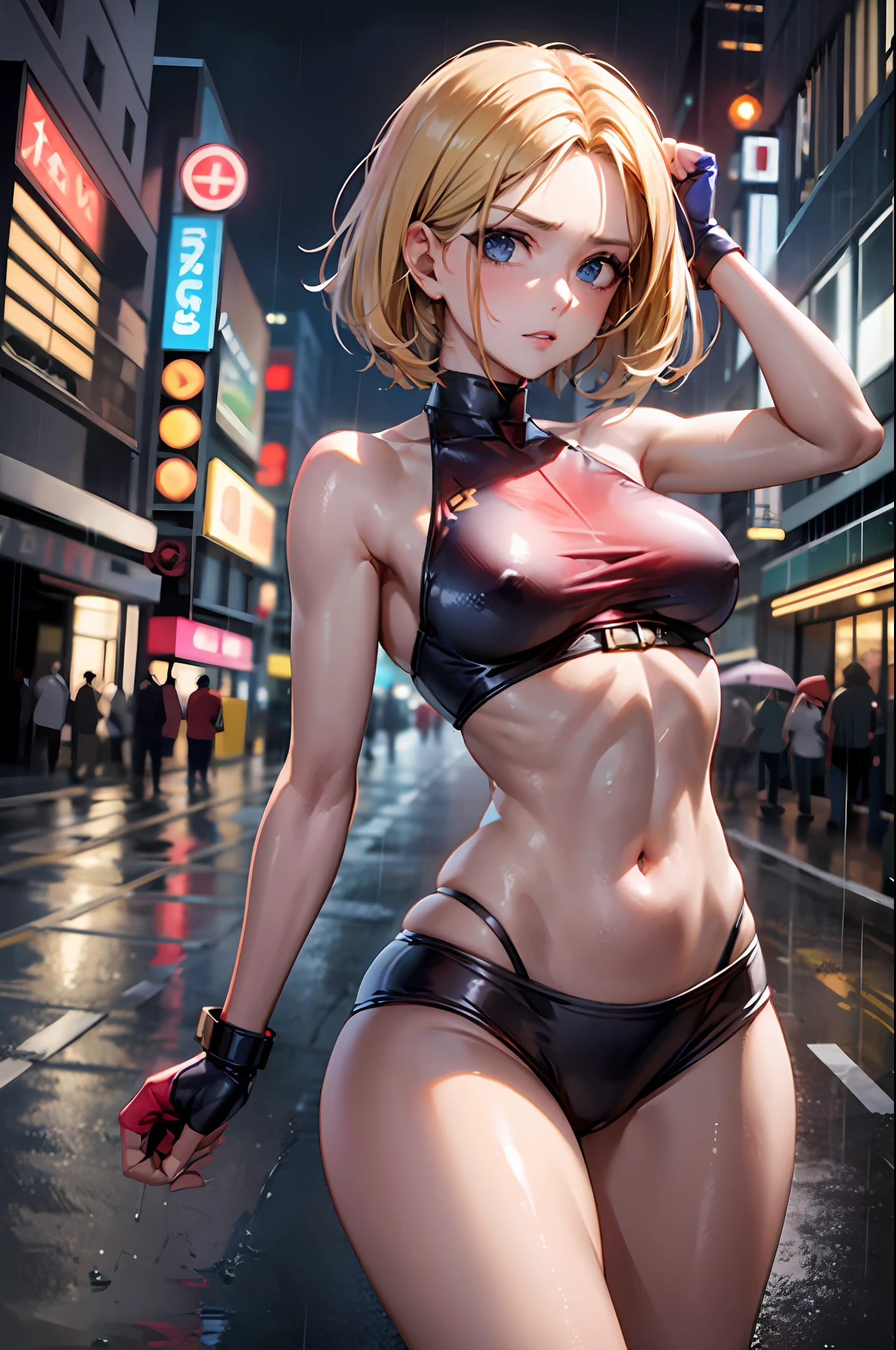 maryms, best quality, (beauty), masterpiece, 1 girl, physics-based render, ultra high resolution, narrow waist, thinness, big eyes, long legs, (small breasts), swollen eyes, night, (rainy city), shiny skin, facing the viewer, fighting stance, (clench fist), firm facial expression,