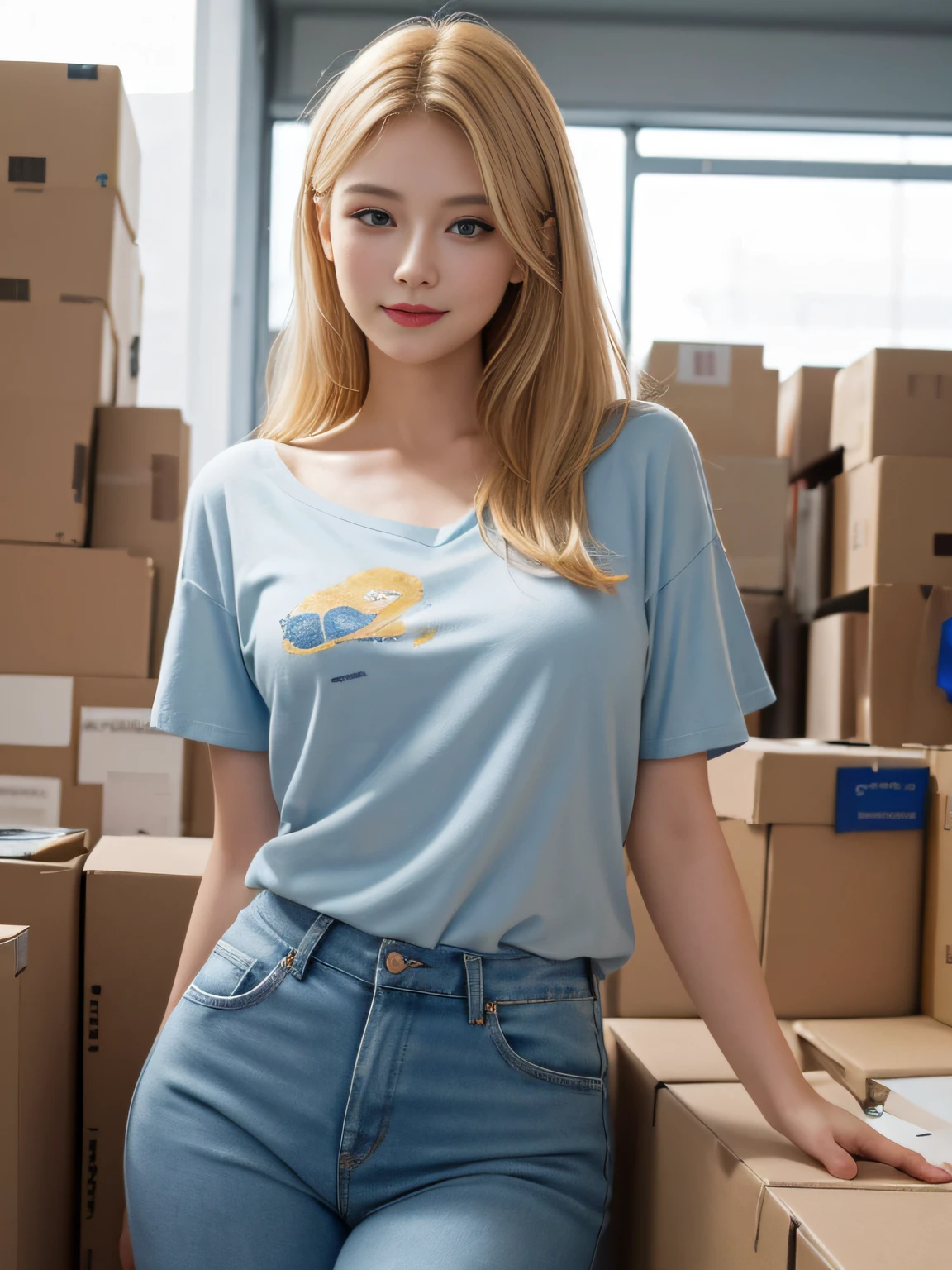 A magnificent sculpture in the post office, with the best picture quality and high resolution, featuring a beautiful 26-year-old Russian girl. The details are portrayed exquisitely, with her stunning blue double-eyelids eyes, eyes that seem to smile, yellow hair, beautiful skin, and an incredibly sharp and realistic image (reality: 1.4). Her face appears slightly younger, and her skin is smooth and slender, giving a sense of hyperrealism and illustration, sunshine smile, Her smiling eyes shine brightly like glistening rays of sun.. The artwork is presented in high resolution (16K), providing the most beautiful and impressive details, especially in the meticulously drawn eyes.
In the painting, she is depicted holding some cardboard boxes, standing at a post office. The bright and professional lighting highlights her long blonde hair. She wears a yellow T-shirt and combat jeans. The setting is a post office with several carefully arranged parcels.
Pose: She is described as smiling and looking straight ahead. The portrait is highly detailed, emphasizing her facial features and exquisite characteristics.
This artwork is a true masterpiece, combining artistic talent and ultra-high resolution to create a captivating and attractive painting that mesmerizes the viewers.