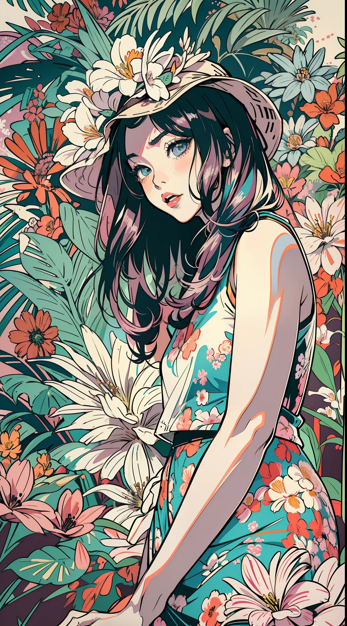 Create a digital art work in pop art style, featureing a vibrant and confident asian young girl with street fashion, cinematic color scheme, surrounded by vintage flowers patterns, energtic brushstrokes,the mood should be dynamic, upper body, drawing, illustration, grayscale, tropical, many flowers,