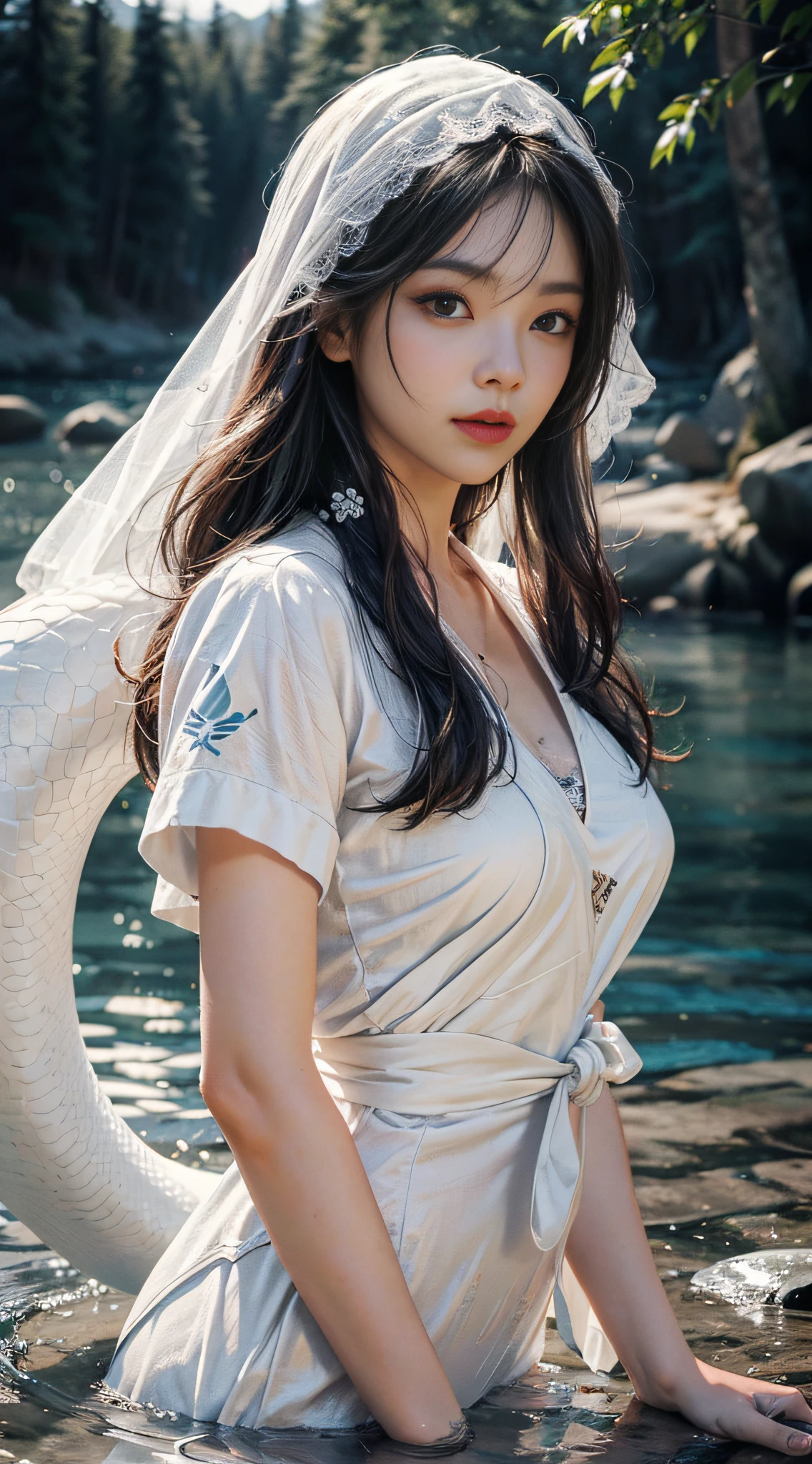 (RAW Photo, Best Quality), (Realistic: 1.3), Best Quality, Highly Detailed, Masterpiece, Hyperdetail, Illustration, 1 Girl, upper_body, Dynamic Angle, World Mastery Theater, messy_long_hair, Best Quality, Extremely Detailed CG Unified 8k Wallpaper, Ink, Breathtaking, Cinematic Light, lens_flare, Fantastic Big Eyes, (Yushui: 1.2), Water, Waves, White Clothes, White Veil, (White Serpent's Tail), Sony main shot