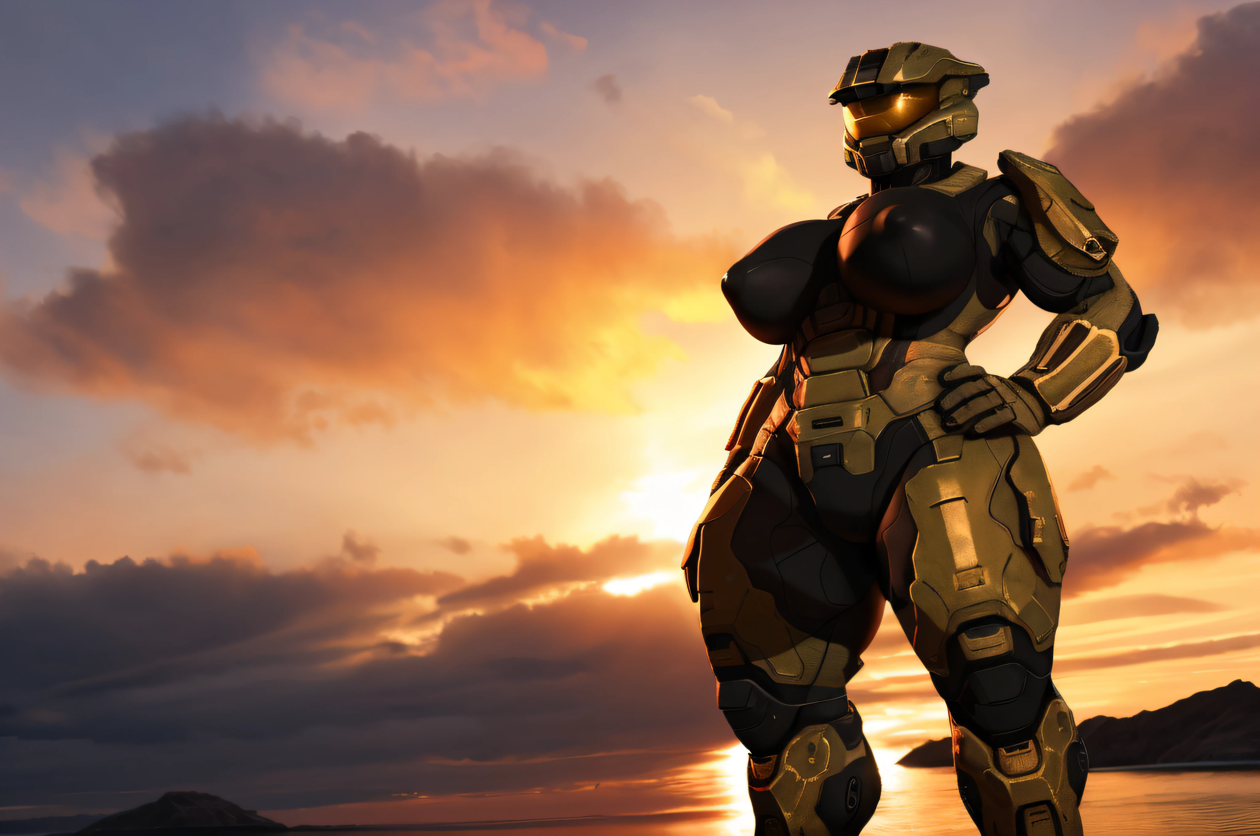 spartan halo, big breasts, wide hips, high res, high resolution, thick thighs, realistic, raw photo, thick thighs, body suit, standing pose, nipple outline, sunset, beautiful lighting, low angle, full body, wallpaper, 4k, 8k, background, (hand on hip), highly detailed, detailed fingers