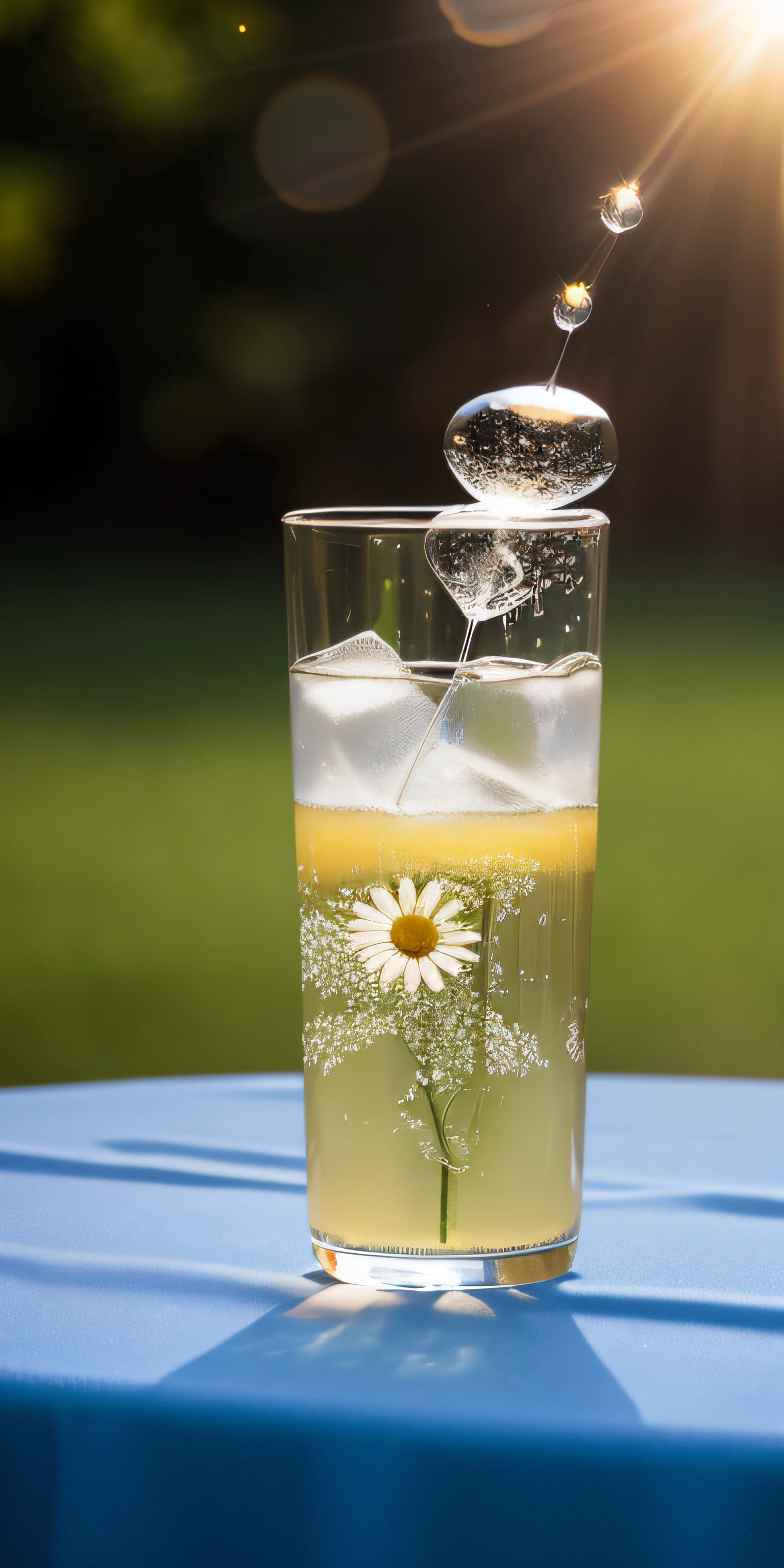 A glass with drops of water filled with carbonated drinks, translucent liquid, ice cubes, bubbles, a floral crown of daisies and lavender on picnic tablecloths, midday outdoor lighting, open air, natural background, summer day, hot weather, high detail, very humid humidity, high brightness, wet watermarks, excessive detail, surrealism, soft light, studio lighting, diffuse soft light, shallow depth of field, sharp focus, bokeke effect, light tracking, subsurface scattering, complex soft light, diffuse soft light, highly detailed glass reflection, ultra-thin (ultra-thin), ultra-thin) (thin, ultra-detailed), cinematic, surrealism, hardware, best quality, ultra-high resolution (photorealistic: 1.4), high resolution, detail, raw photography, clear reproduction, 4 kodak portra 400 stock camera, f1.6 lens, realistic texture, spectacular lighting, not a real engine, popular on artstation, cinemas up to 800,