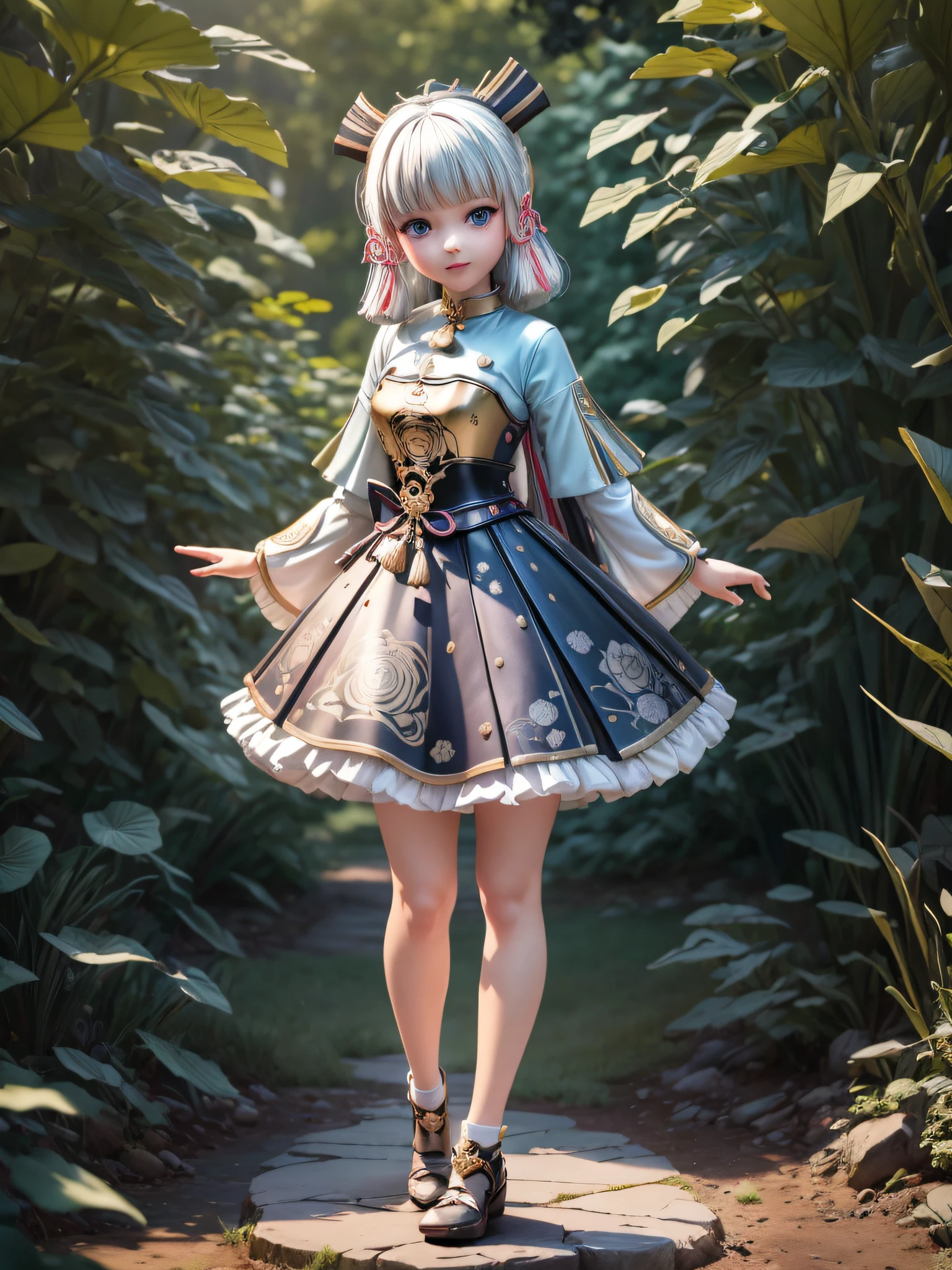 (Blind box toy style:1.2), ((Full body shot:1.4)) (((Masterpiece))), 4k res, Highly detailed, (((Extremely detailed eyes))), Cinematic lighting, Crystal clear eyes, High quality, A high resolution, Ultra-detailed, 8K, Best quality, ((1girll, Solo)), black shadows, back lit lighting, Thick eyelashes, Wide sleeves, Thick thighs, (Masterpiece:1.3), (The best quality:1.2), (super fine illustrations:1.2), (Masterpiece), High quality, High detail,(Solo:1.4),((Circular image)), Whole body, (Kamiasto ayaka,Genshin Impact) Smile, Blush, Closed mouth, cryokinesis, Black gloves, Thick, arms back behind, Forest background,(circular base) ( Global illumination, Ray traching, hdr, unreal render,reasonable design, high detal, Masterpiece, Best quality, hyper HD, Cinematic lighting)