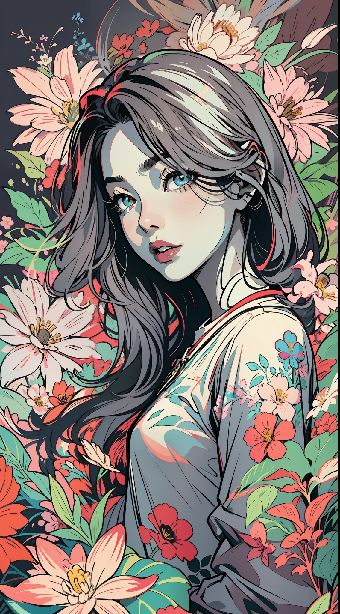 Create a digital art work in pop art style, featureing a vibrant and confident asian young girl with street fashion, cinematic color scheme, surrounded by vintage flowers patterns, energtic brushstrokes,the mood should be dynamic, upper body, drawing, illustration, grayscale, tropical, many flowers,