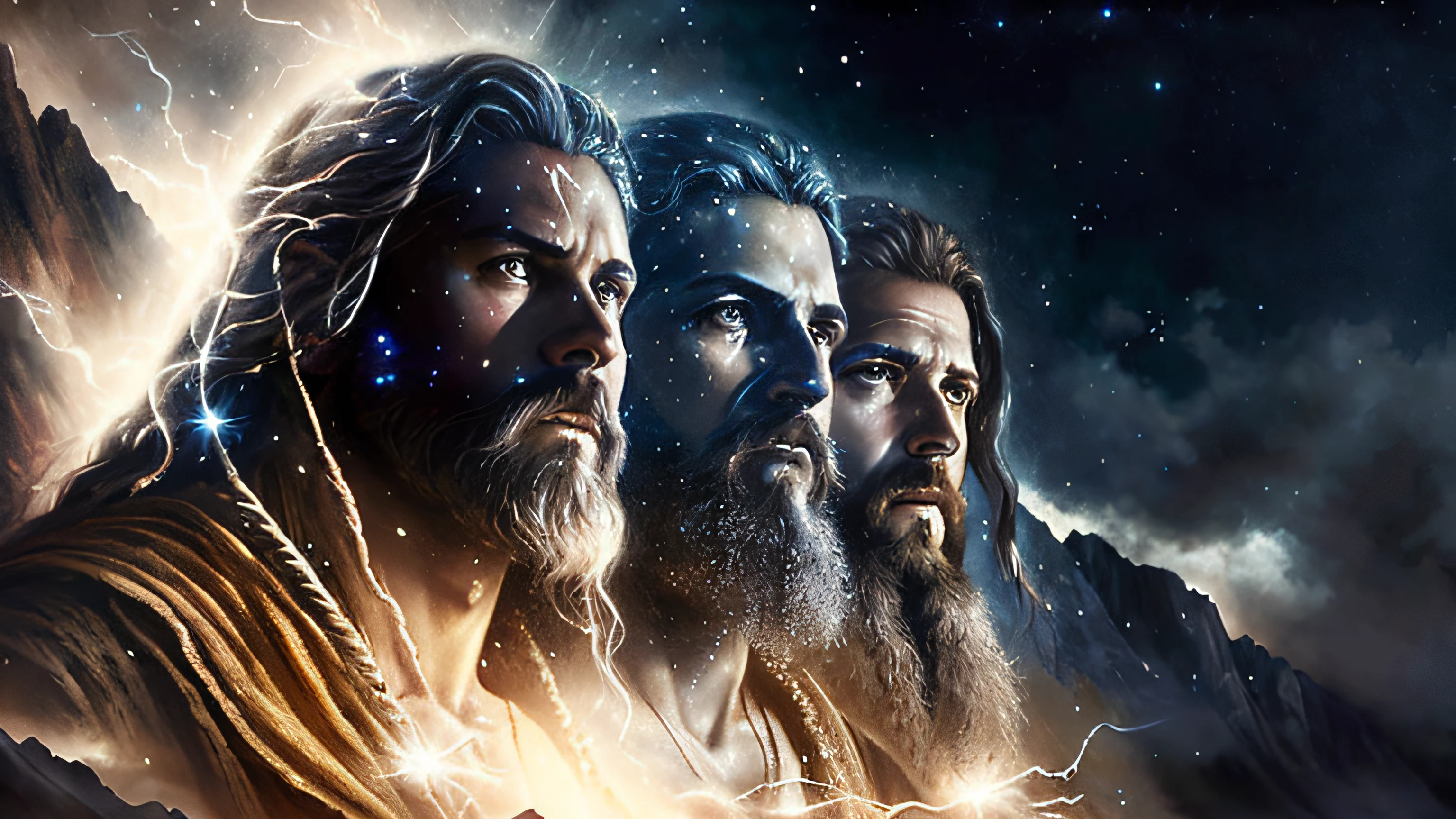Three men standing next to each other on a mountain, biblical epic movie, mitologia, epic scene, dramatic artwork, deuses antigos, Deuses gregos, drew struzan tomasz alen kopera, Mito grego pintura digital, Artwork by Drew Struzan, arte estilo drew struzan, Retrato pintado, Godrays Pintura Digital