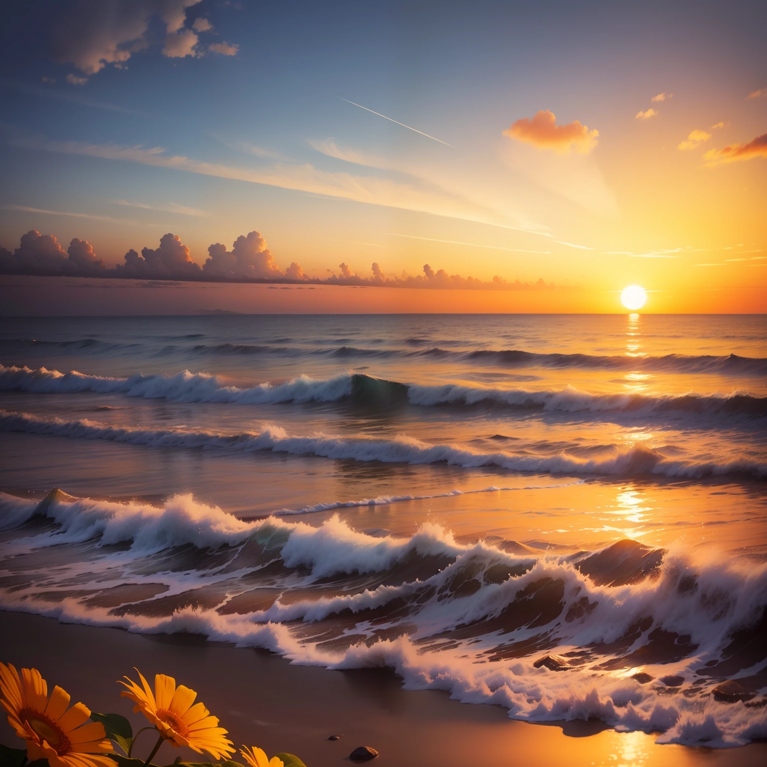 the setting sun,flower sea,the ocean