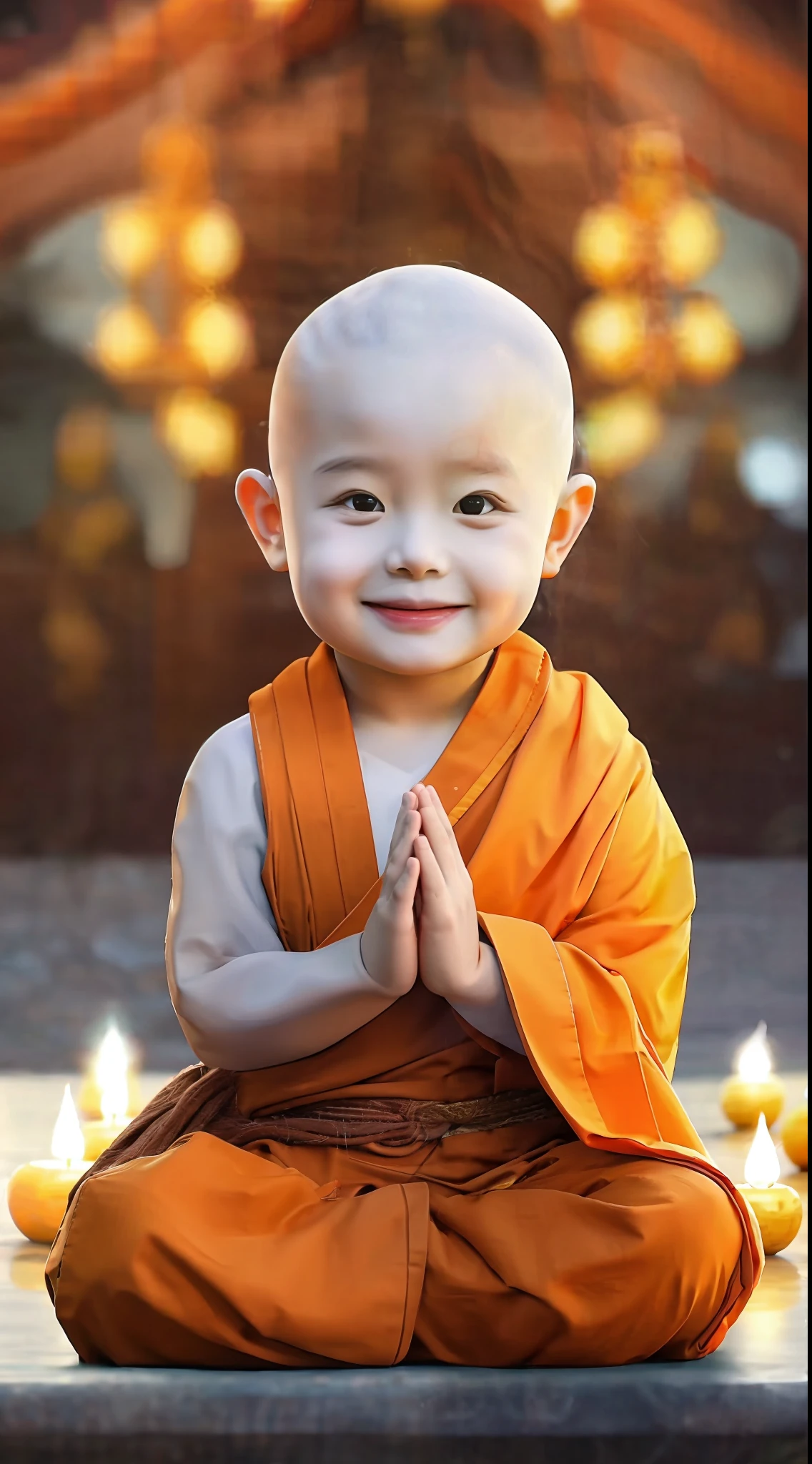 a close up of a child sitting in a meditation position, Buddhist, a serene smile, buddhist monk, Buddhism, monk meditation, prayer meditation, Happy kids, monk clothes, monk, blessing hand, Innocent smile, happy and spirited expression, kiddy big breasts, Serene expression, screensaver, nivanh chanthara, very coherent image, Buddhist monk meditation