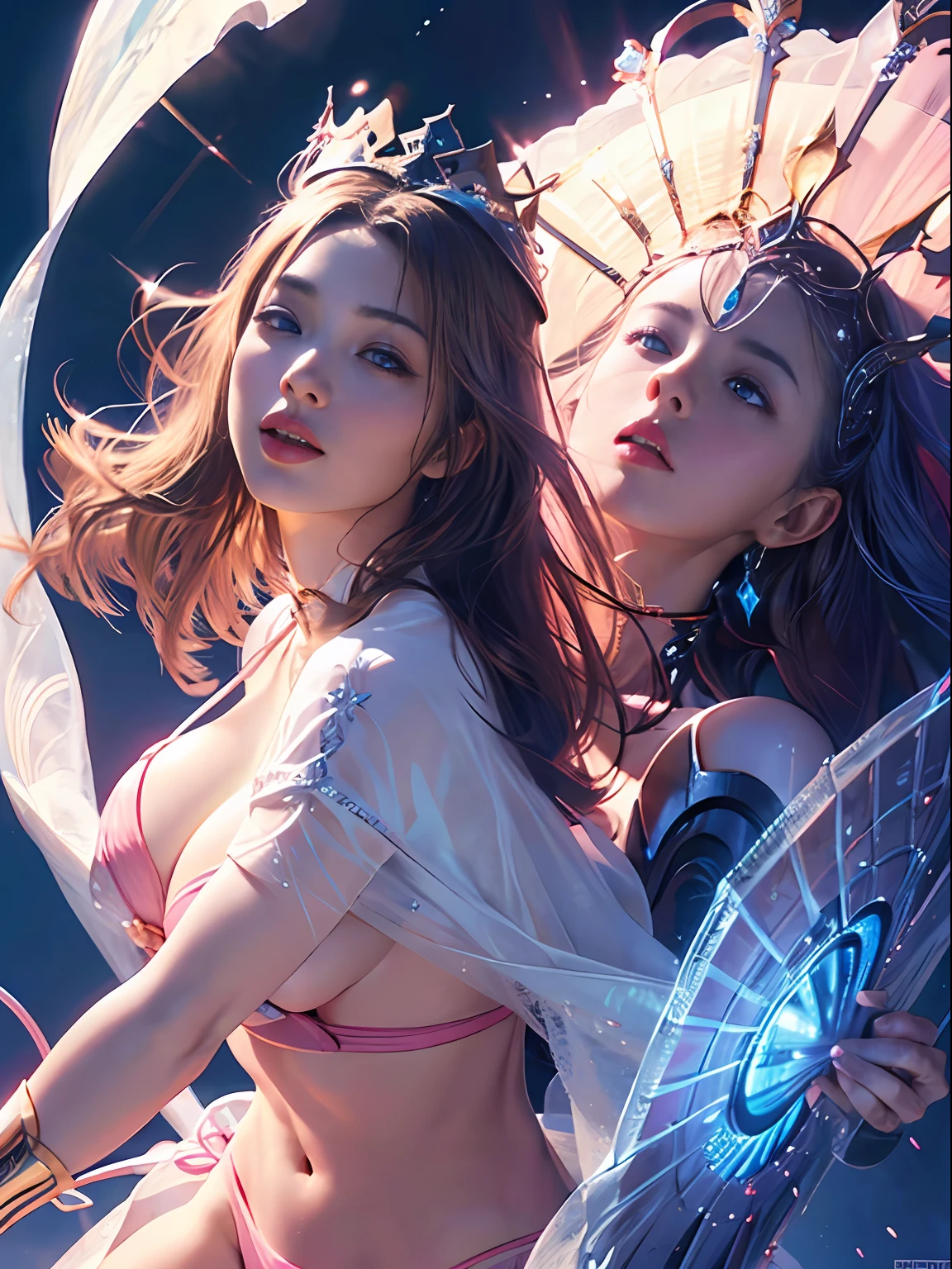 Official Art, Unity 8k wallpaper, ultra detail, masterpiece, best quality, one woman, (very detailed),(RAW photo, best quality),(realistic, photorealistic:1.3),high definition, opening your mouth lightly, ultra-detailed complex 3D rendering of face, (big breasts: 8.8), (highly detailed skin: 1.2), (exposure: 1.1), beautiful caucasian woman with big ass full soft breasts and white skinThe (topless), chest, black hair, blue eyes, long hair, ( ( ( transparent silk pink string micro bikini)), dynamic angle, mystical expression, fire glow effect, fantasy background, rim lighting, side light, cinematic light, ultra high definition, 8k, film grain,best shadow, light particles, detailed skin texture, detailed gem armor texture, detailed face, intricate details, super detailed, bright, strong, silver armor, cleavage, slender abs, have glowing weapons, have a shield, pole dron, (beautiful huge crown with detail)), shining eyes, long purple cloak, fantasy, (realistic),