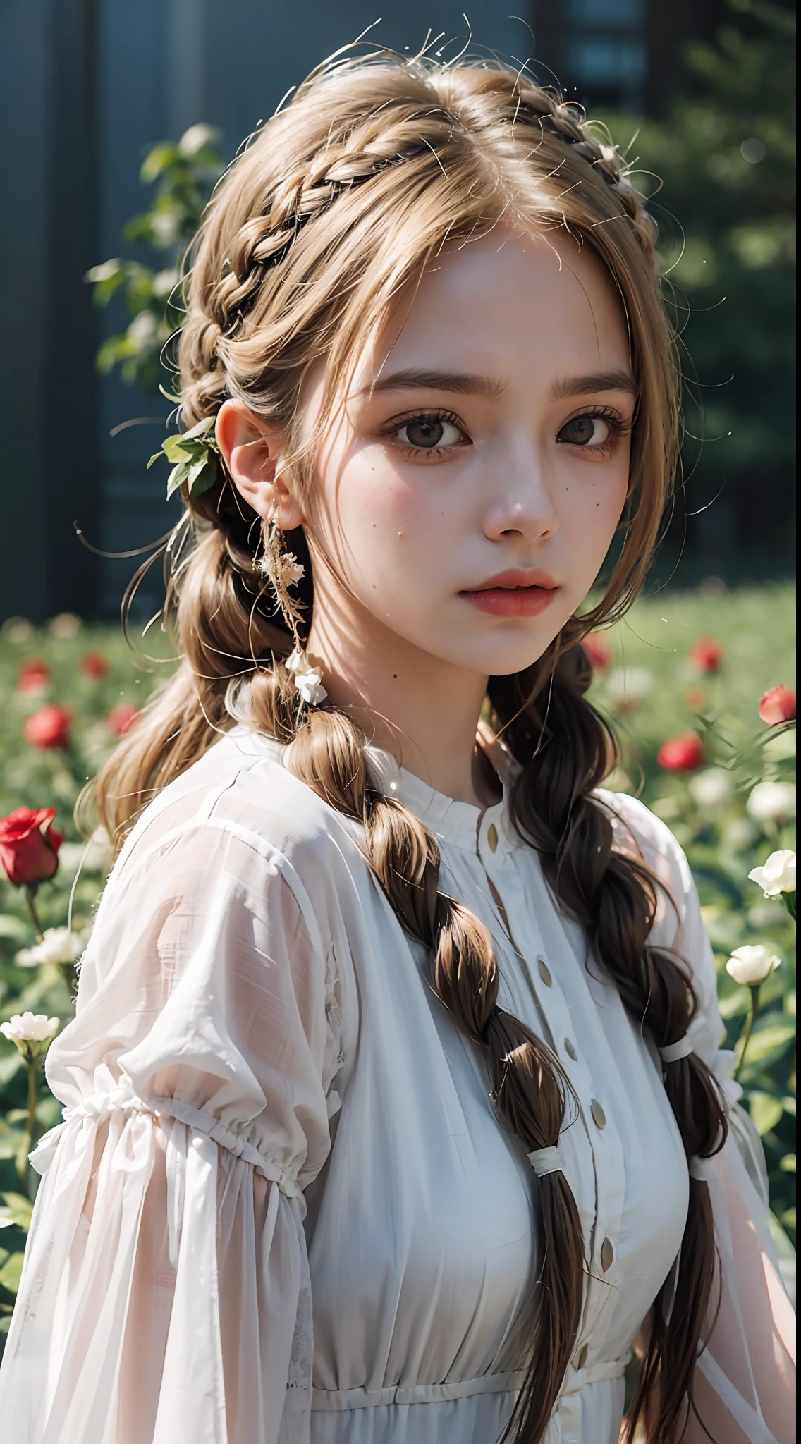Poetic shots, hazy light and shadow, aestheticism, melancholic film, (cloudy), 1 girl, blonde hair, braids, emotional depth, white dress, flowers, flower fields, roses, bloom,