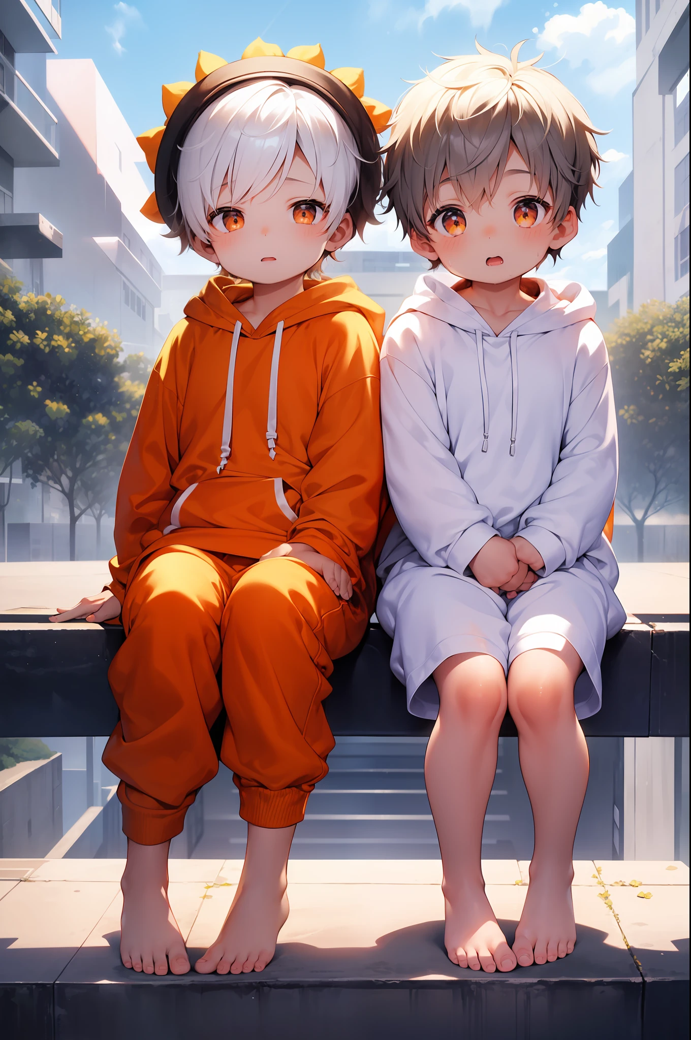 2 chubby  boys with White hair and shiny orange eyes and barefoot wearing a oversized hoodie , and oversized sweatpants sitting on a field, blushing, drooling, young, boy, child,l, toddsparklefalling from sky, night