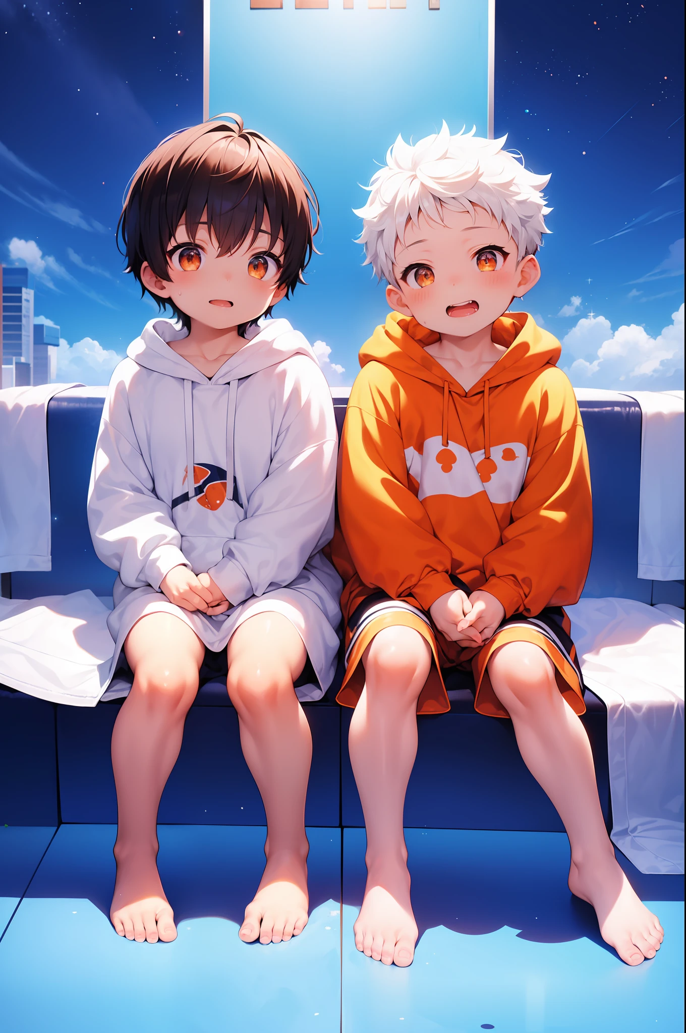 2 chubby  boys with White hair and shiny orange eyes and barefoot wearing a oversized hoodie , and oversized sweatpants sitting on a field, blushing, drooling, young, boy, child,l, toddsparklefalling from sky, night