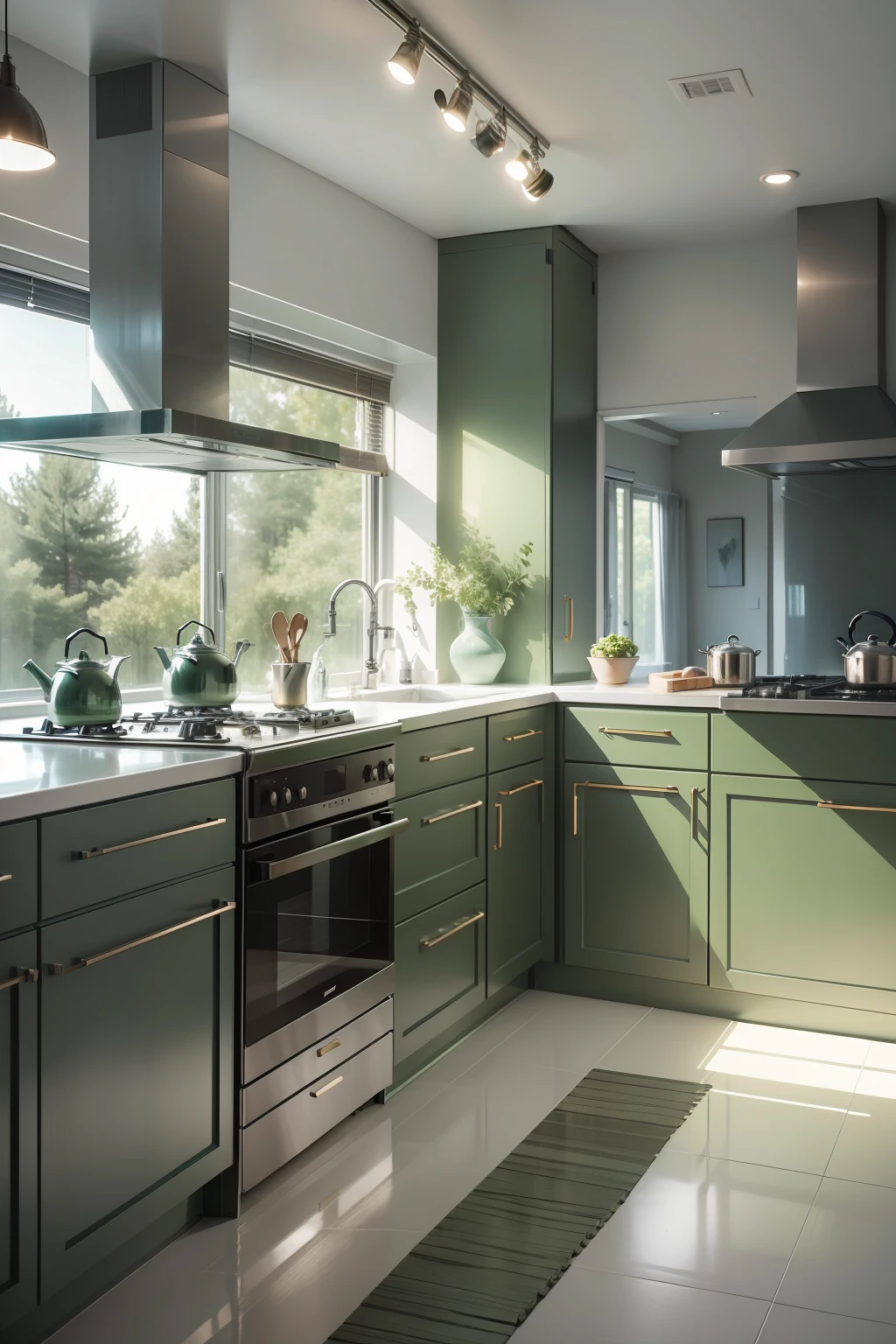 kitchen design in cold colurs, green tones, ambient looks, contemporary styled