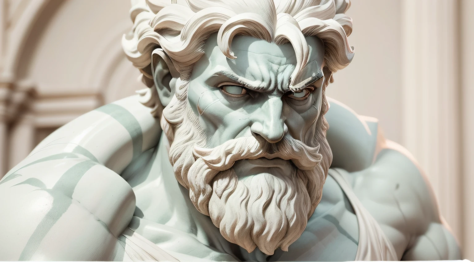 Photo of a marble statue with beard, Preto e branco, Zinsa, fundo neutro, ao estilo de Michelangelo, rosto, (rosto),detalhado, iperdetalhado, superdetalhado, expression of anger, o rosto transmite raiva, Cinematographic photo, a estatua esta gritando de raiva, ira, raiva, ira, rosto, foco no rosto
