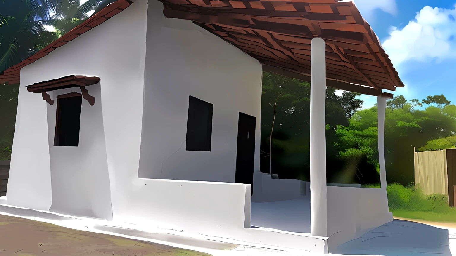There is a small white building with a wooden roof, vista externa, testa, imagem central, vista frontal, vista frontal, Vista exterior, Casa completa, Front view, Vista lateral frontal, lado - vista, Vista lateral, visto de fora, Vista lateral, vista frontal e lateral, imagem de listagem, testa cheia, frontal, imagem frontal