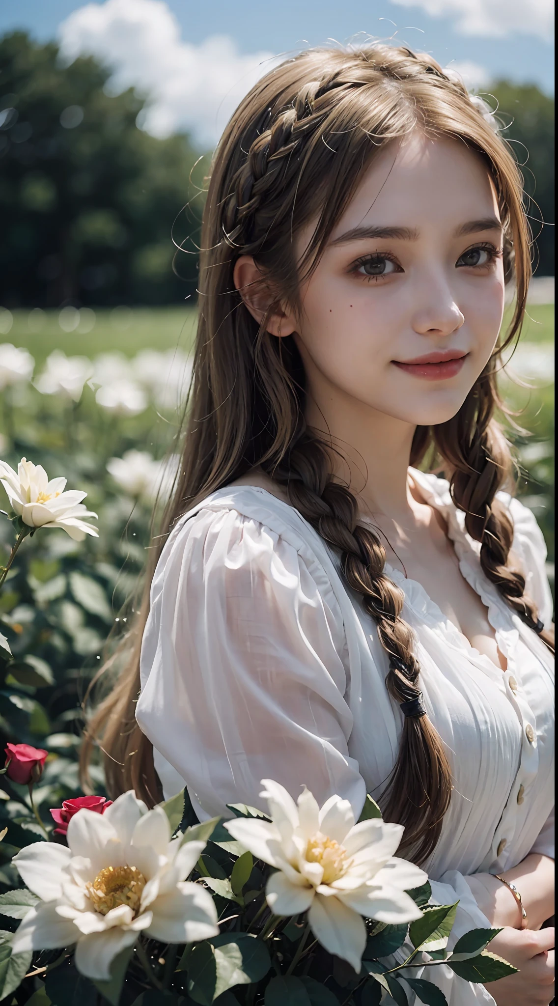 Poetic shots, hazy light and shadow, aestheticism, melancholic film, (cloudy), 1 girl, blonde hair, braids, emotional depth, white dress, flowers, flower fields, roses, bloom, smile