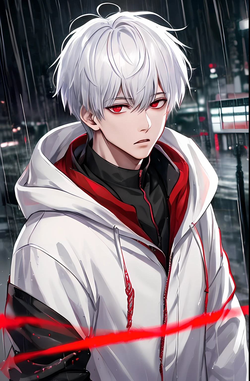 kk, best quality, more details, masterpiece, 1boy, kaneki ken, portrait, male focus, red eyes, solo, bangs, looking at viewer, hood, short hair, rain, tokyo tokyo \(city\), hood up, nail polish, white hair, luxurious, 8k, detailed, ray tracing, depth of field, cinematic lighting,
