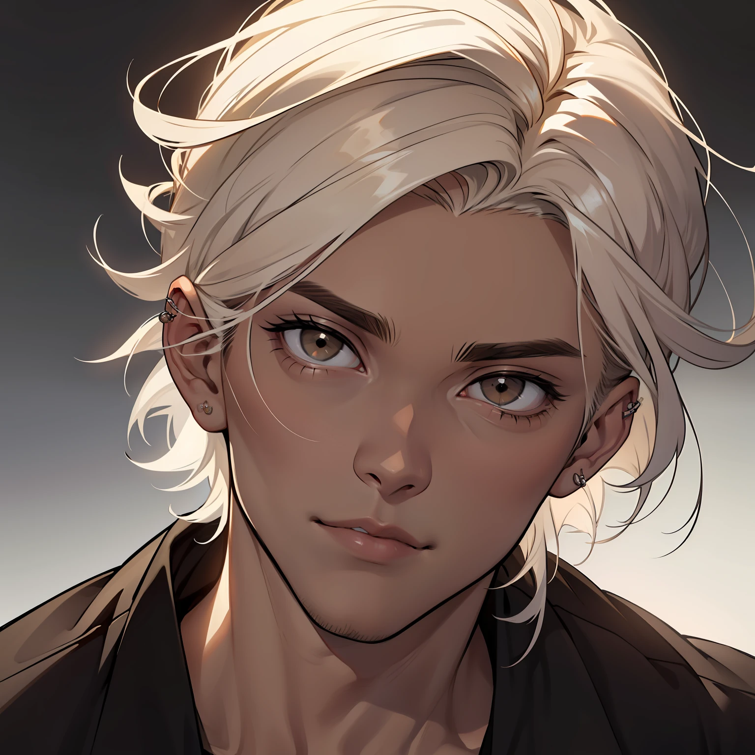 um jovem homem de cabelos pretos, cortados em um estilo curto e bem arrumado, belo rosto, piercing brown eyes and a shrewd intelligence, your skin is slightly pale;.