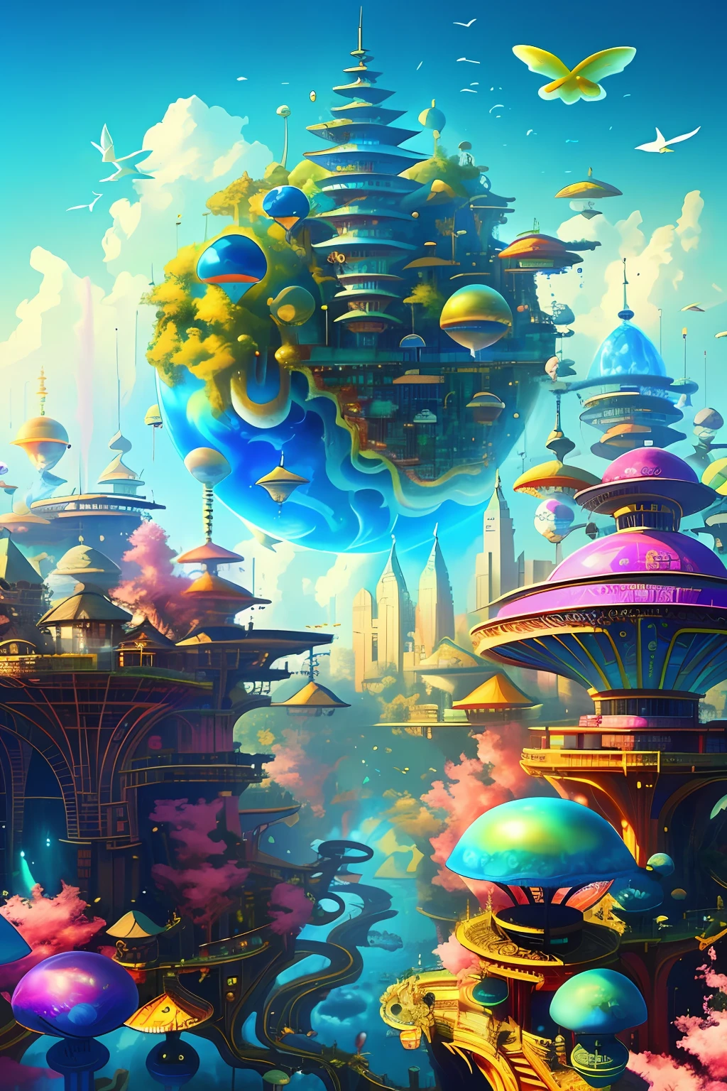 sense of science and technology，Huge city in colorful fantasy style，flowingwater，Skysky，blue-sky，baiyun，Living，Flying birds，Huge city，Giant screen，visual shock