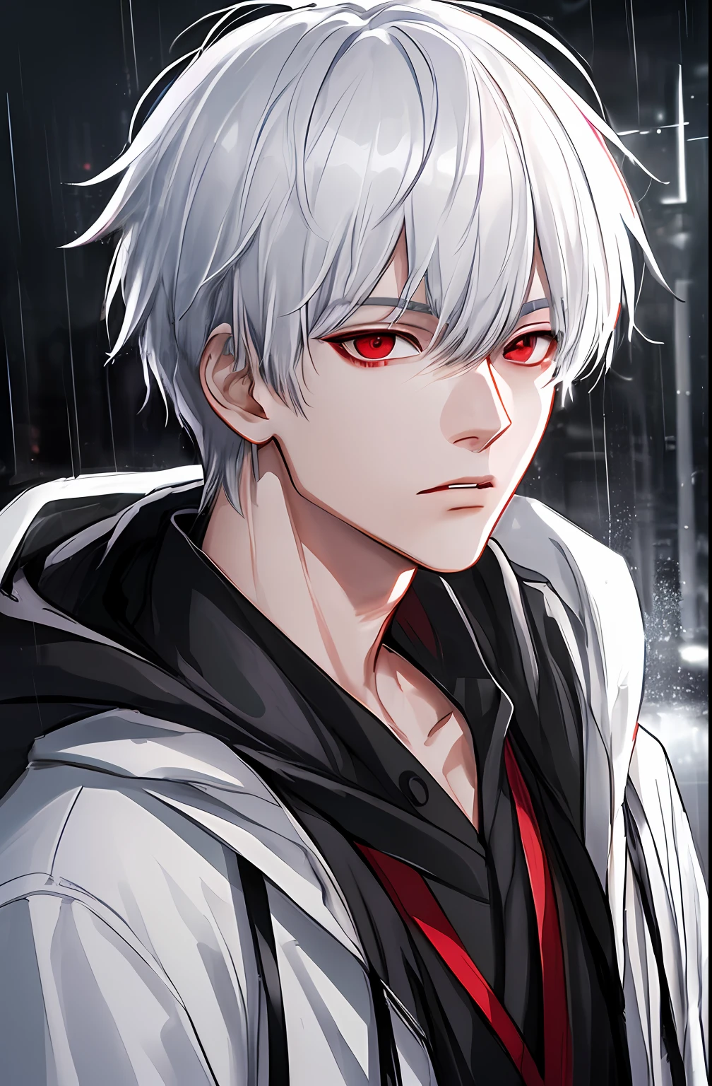 kk, best quality, more details, masterpiece, 1boy, kaneki ken, portrait, male focus, red eyes, solo, bangs, looking at viewer, hood, short hair, rain, tokyo tokyo \(city\),  hood up, nail polish, white hair, luxurious, 8k, detailed, ray tracing, depth of field, cinematic lighting,