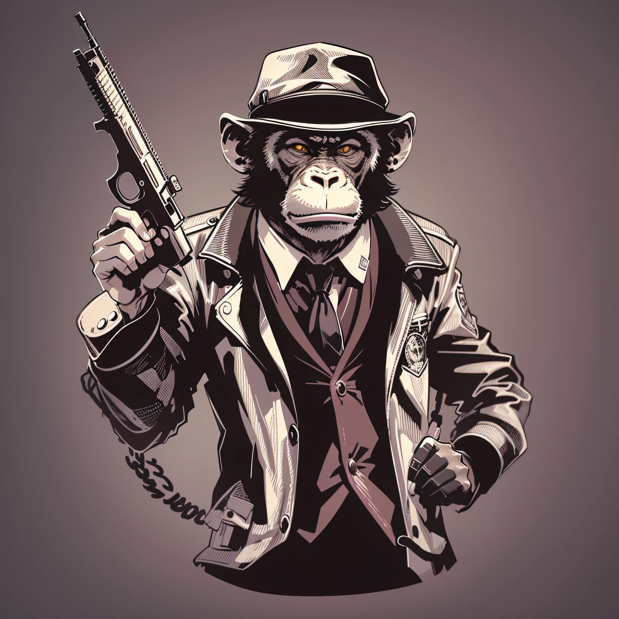 vector art of monkey dressed in gangster style with a gun, 50s style clothing, hat, popular image, retro realistic cartoon style, t-shirt print style image
