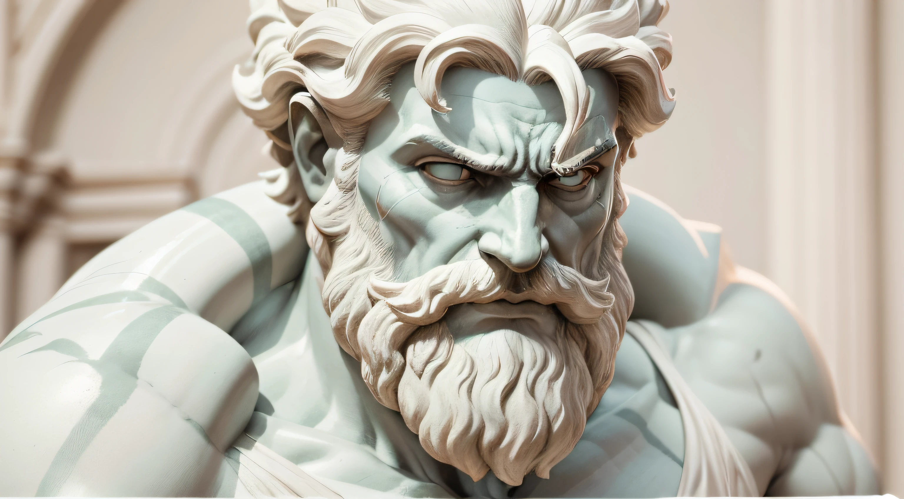 Photo of a marble statue with beard, Preto e branco, Zinsa, fundo neutro, ao estilo de Michelangelo, rosto, (rosto),detalhado, iperdetalhado, superdetalhado, expression of anger, o rosto transmite raiva, Cinematographic photo, a estatua esta gritando de raiva, ira, raiva, ira, rosto, foco no rosto