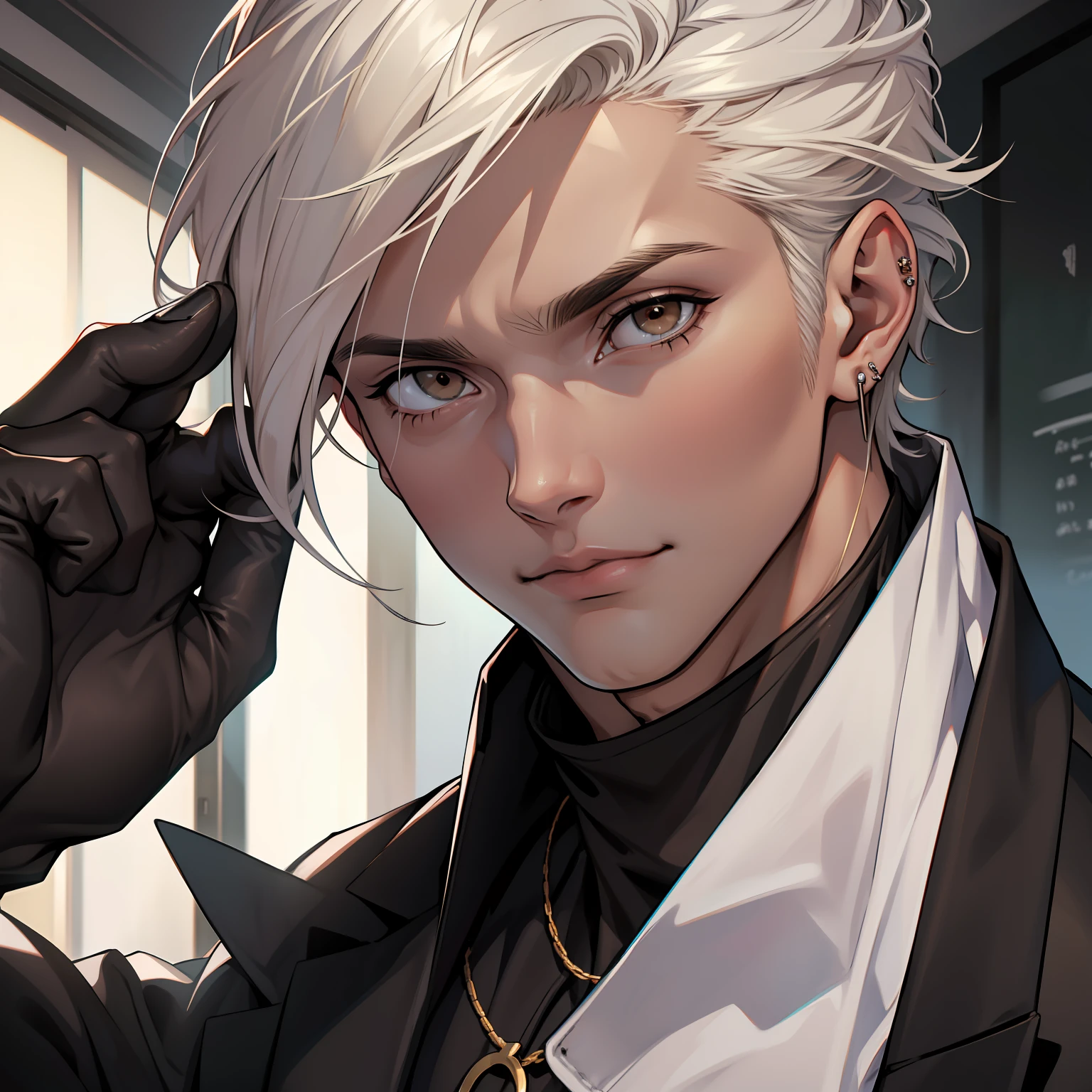 um jovem homem de cabelos pretos, cortados em um estilo curto e bem arrumado, belo rosto, piercing brown eyes and a shrewd intelligence, your skin is slightly pale;.