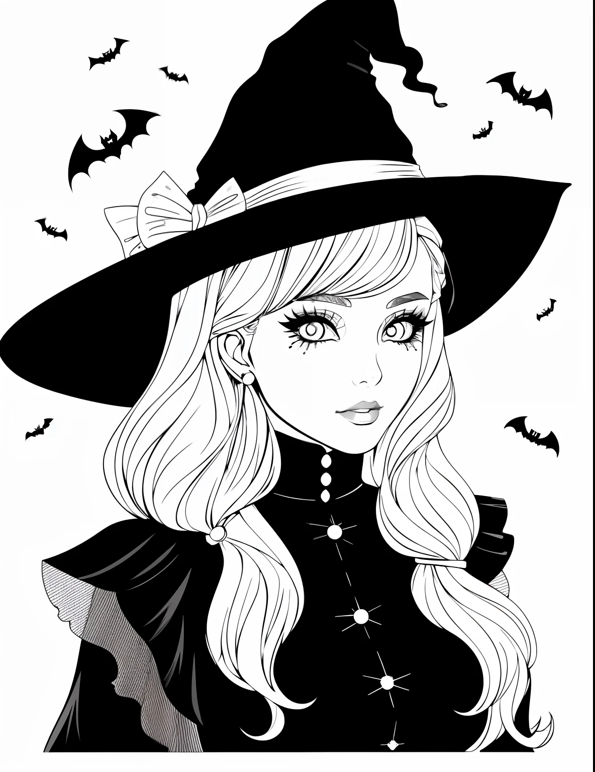 A coloring page with a girl and a cat in a Halloween scene, beautiful witch spooky female, line art colouring page, Retrato de uma jovem bruxa, Bruxa bonita com cabelo longo, black and white coloring, beautiful witch female, coloring book outline, Retrato de uma jovem bruxa, bruxa feminina bonita, clean coloring book page, bela arte de linha, arte vetorial em preto e branco
