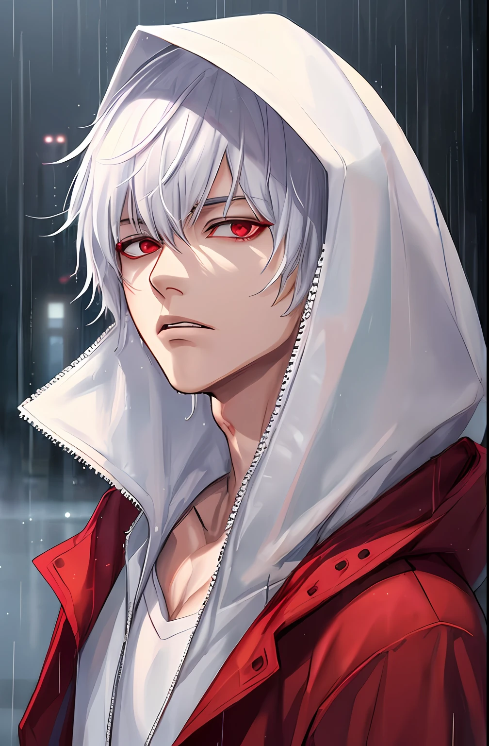 kk, best quality, more details, masterpiece, 1boy, kaneki ken, portrait, male focus, red eyes, solo, bangs, looking at viewer, hood, short hair, rain, tokyo tokyo \(city\), hood up, nail polish, white hair, luxurious, 8k, detailed, ray tracing, depth of field, cinematic lighting,