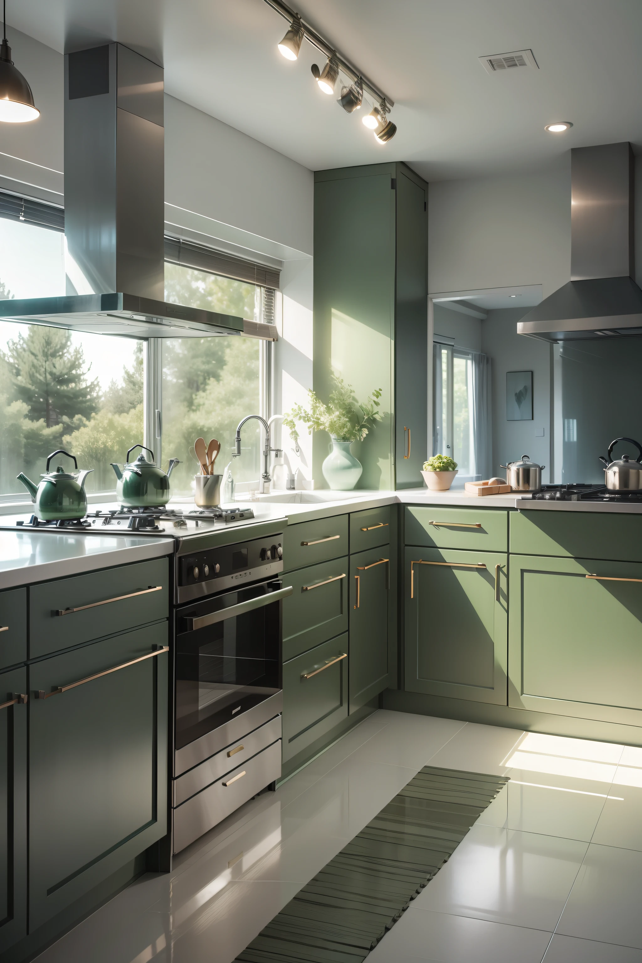 kitchen design in cold colurs, green tones, ambient looks, contemporary styled