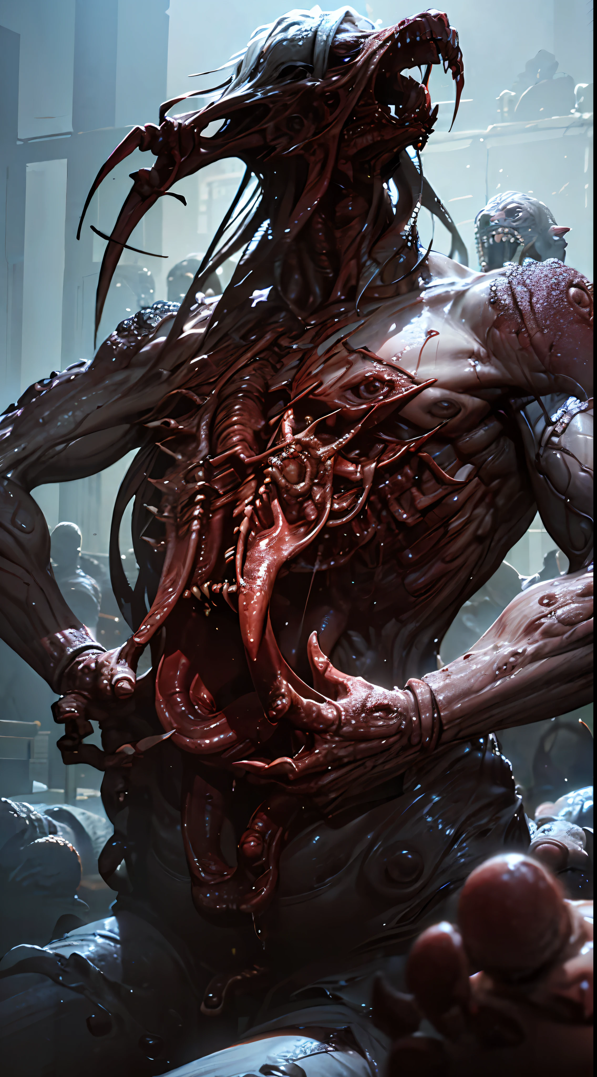 digital painting, black metal cover, ((gore))-((manga)), (anticosmic theory), 8k, hyper resolution, ((horror body monster:1.4)), infernal creature, no human:1.3, semi-realistic:1.3, devil terror monster, deathly, high detailed, exposed organs, necrotic skin, tentacle, nuclear Rain, mutant monster, bloodying, surreal hyper realistic, horror fantasy, highres, caustic, ((hyper intricate horror detailed))