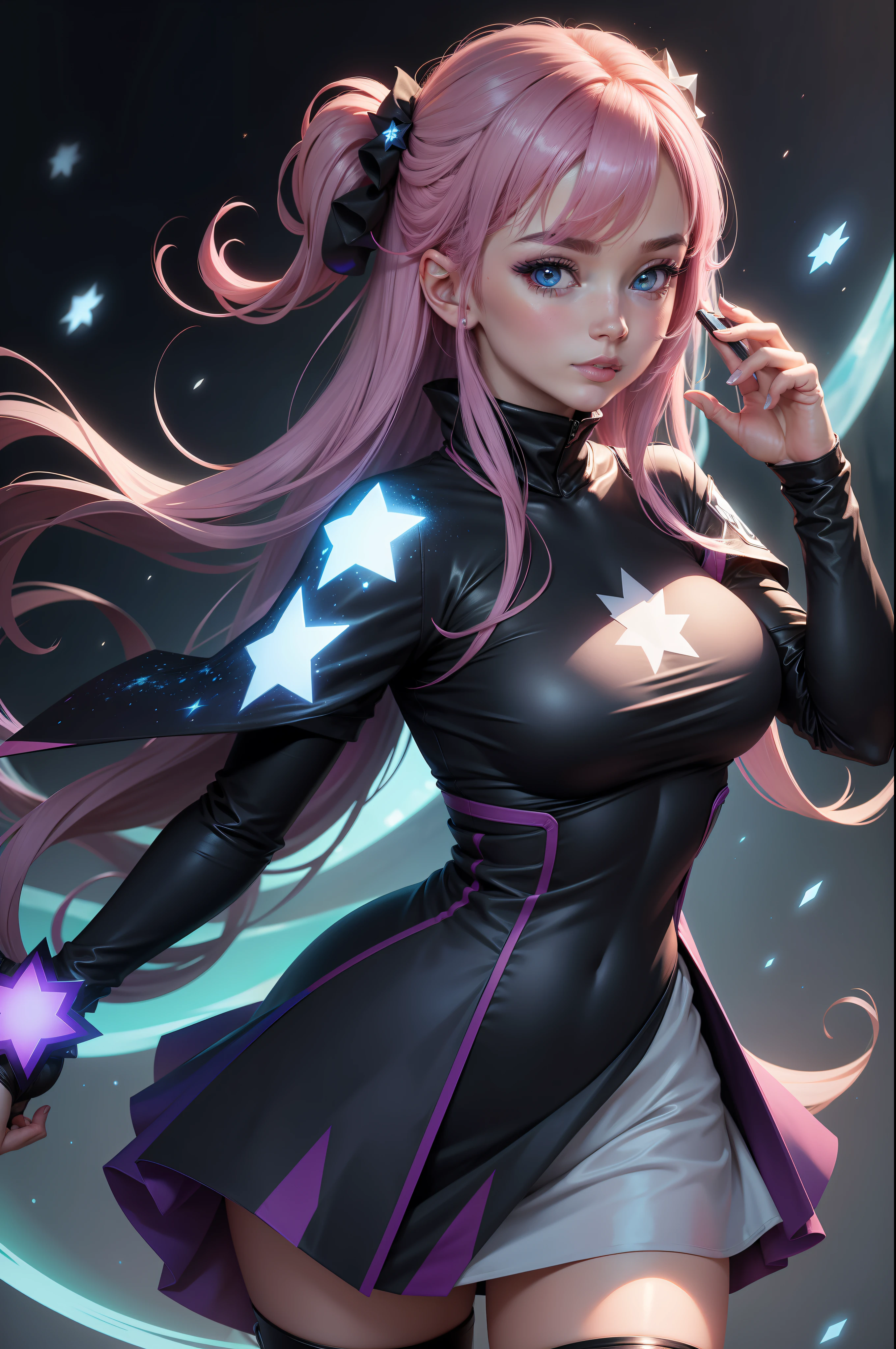 Mulher ninja com fone de ouvido sentido paz, olhos brilhantes com estrela, rosto bonito e peitos grandes, cores RGB, cabelo rosa brilhante, colorido anime, fundo brilhante, Banner for youtube video,  feliz, nuvens com cores RGB, cores RGB brilhantes, completo, ser celestial, garota gamer..