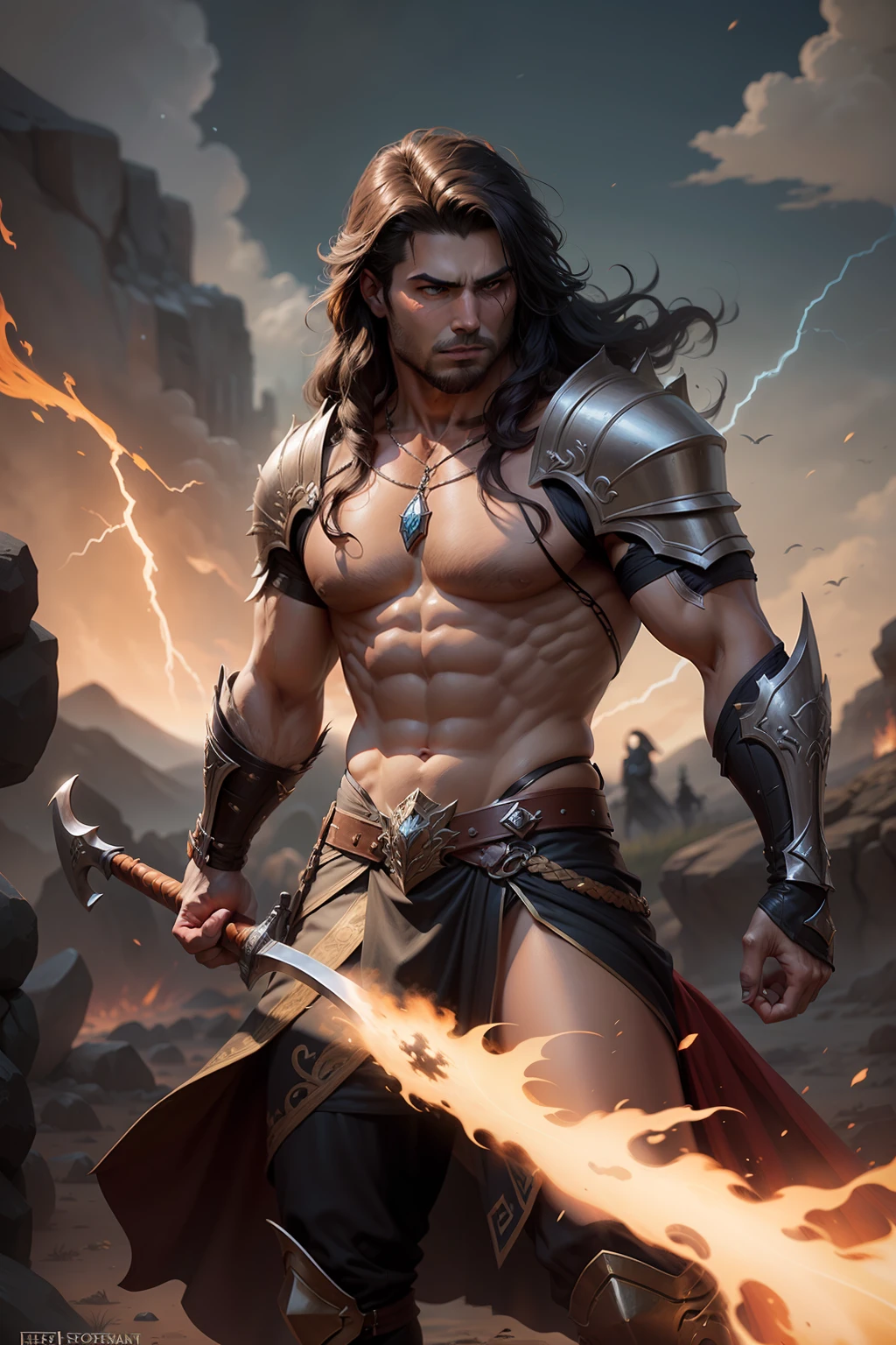 uma pessoa com uma espada e fogo, Blessed Kaladin Storm, guerreiro masculino, ares com armadurra pesada e espada, Epic Fantasy Digital Art Style, epic fantasy art, epic fantasy character art, Epic fantasy art style, Rossdraw e Boris Vallejo