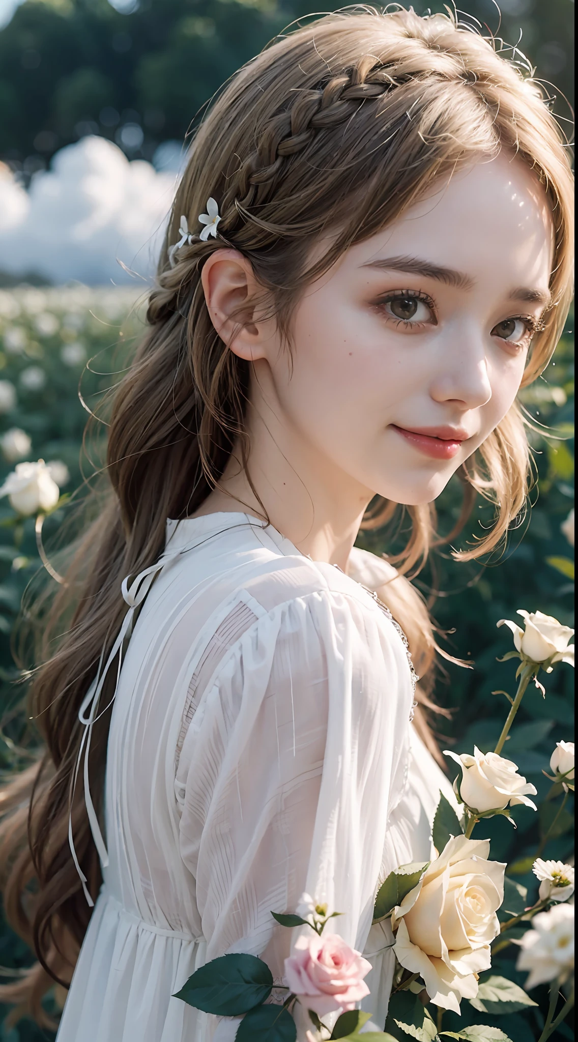 Poetic shots, hazy light and shadow, aestheticism, melancholic film, (cloudy), 1 girl, blonde hair, braids, emotional depth, white dress, flowers, flower fields, roses, bloom, smile, smooth skin
