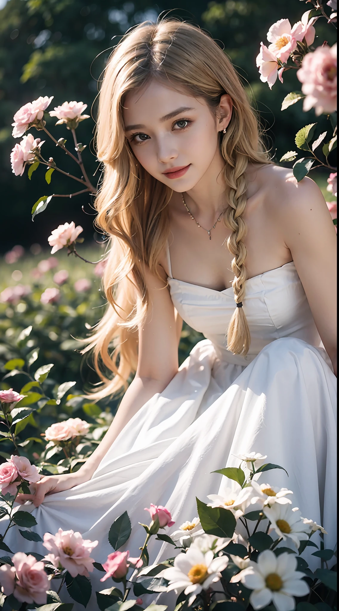 Poetic shots, hazy light and shadow, aestheticism, melancholic film, (cloudy), 1 girl, blonde hair, braids, emotional depth, white dress, flowers, flower fields, roses, bloom, smile, smooth skin