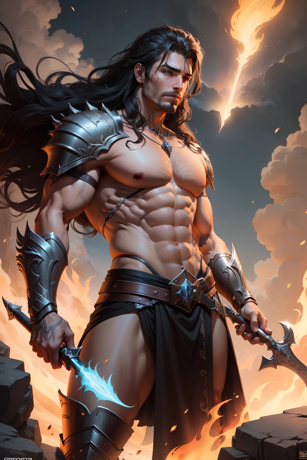 uma pessoa com uma espada e fogo, Blessed Kaladin Storm, guerreiro masculino, ares com armadurra pesada e espada, Epic Fantasy Digital Art Style, epic fantasy art,  epic fantasy character art, Epic fantasy art style, Rossdraw e Boris Vallejo